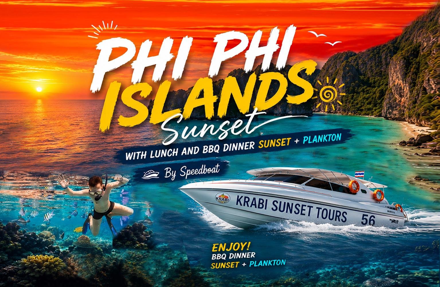 Phi Phi Islands Sunset Speedboat Tour with BBQ & Plankton