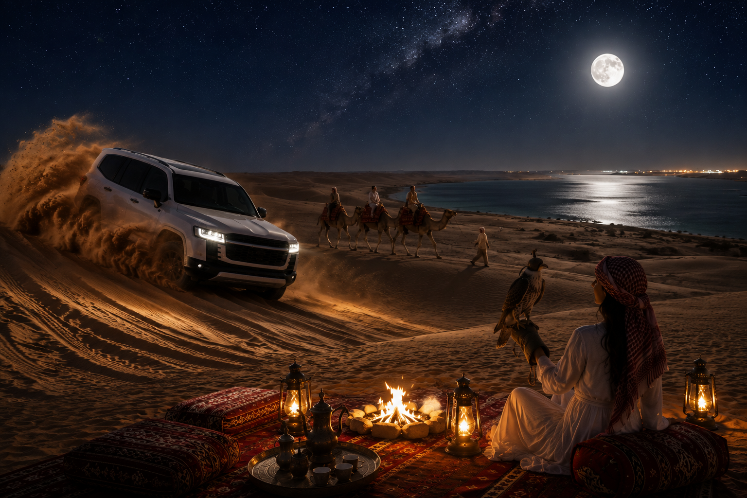 Night Desert Safari to Inland Sea with Dune Bashing & Camel Ride