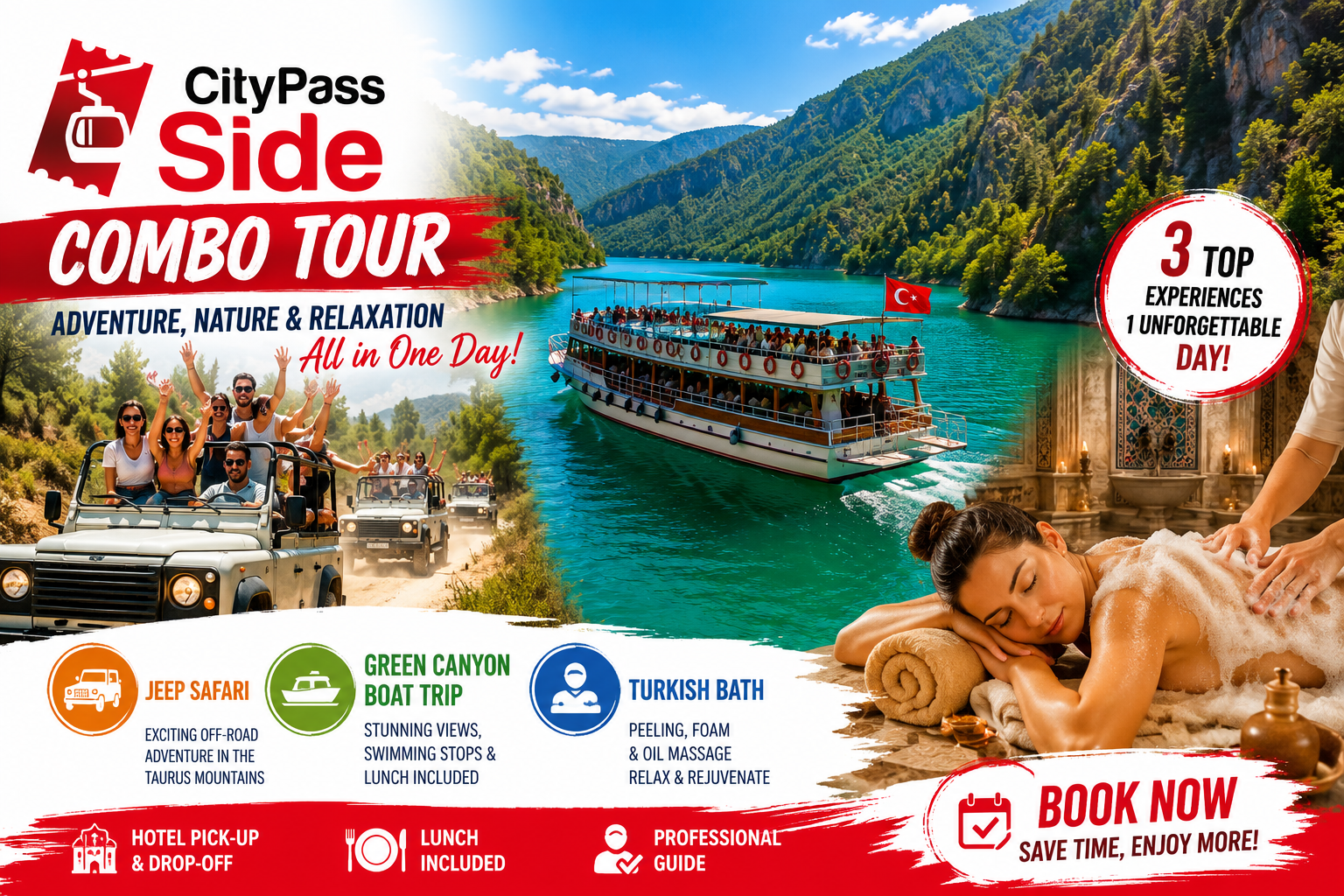 Green Canyon Cruise, Mountain Jeep Safari & Hammam Experience