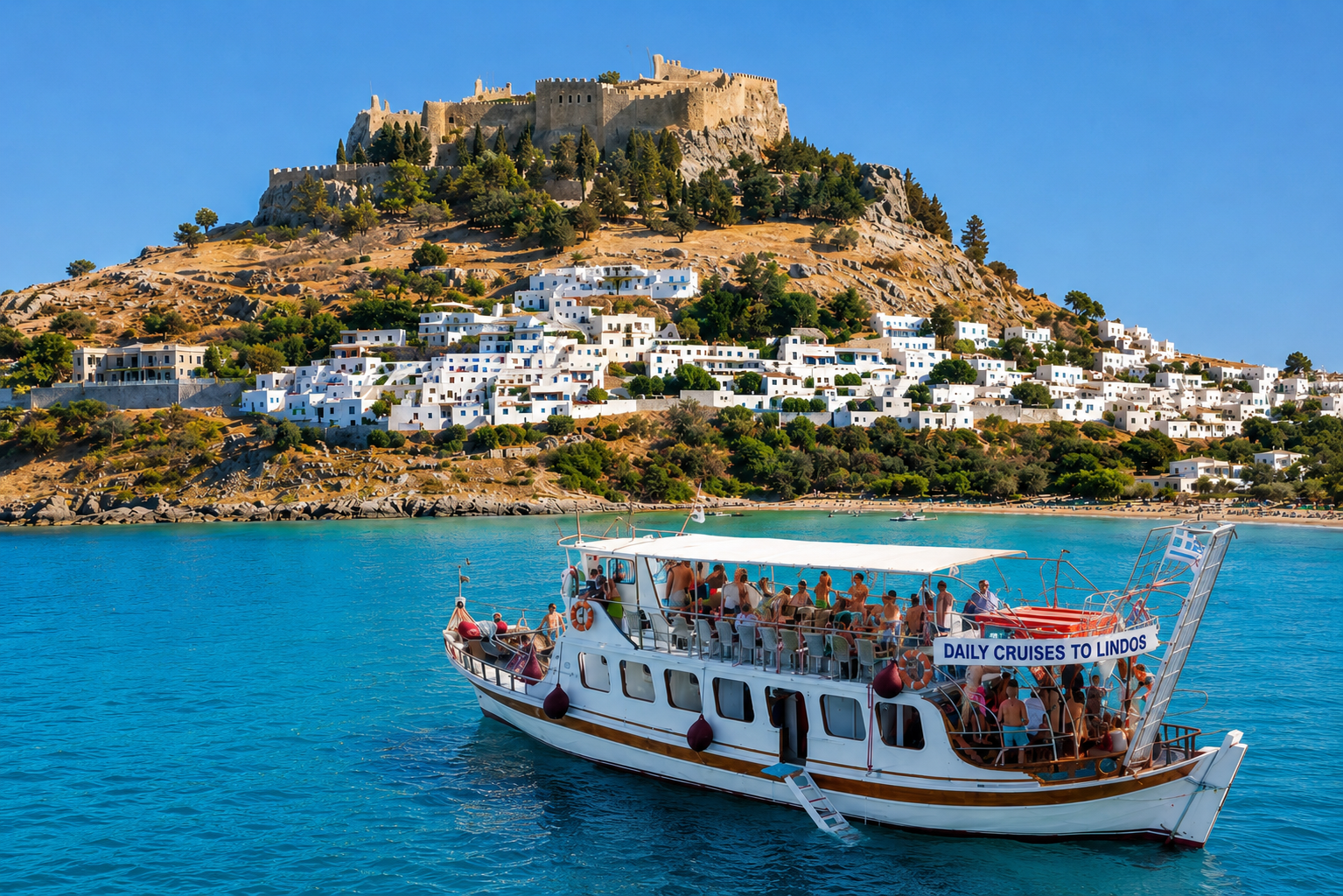 Faliraki to Lindos Full-Day Boat Cruise with Swimming Stops