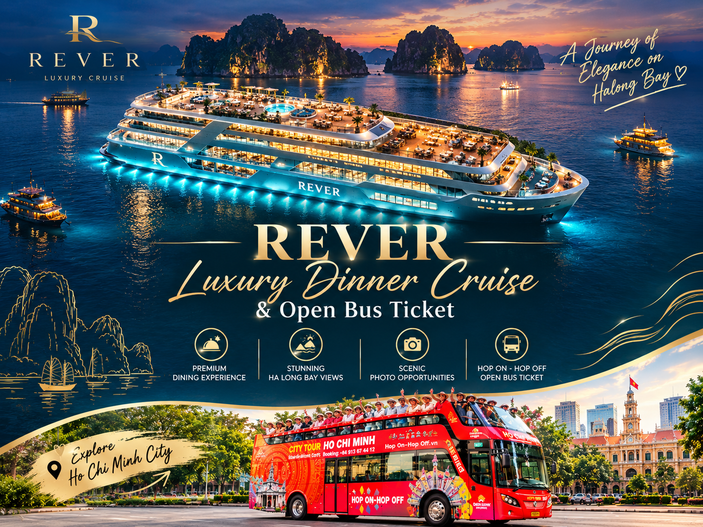 REVER Luxury Dinner Cruise with Open-Top Bus Pass