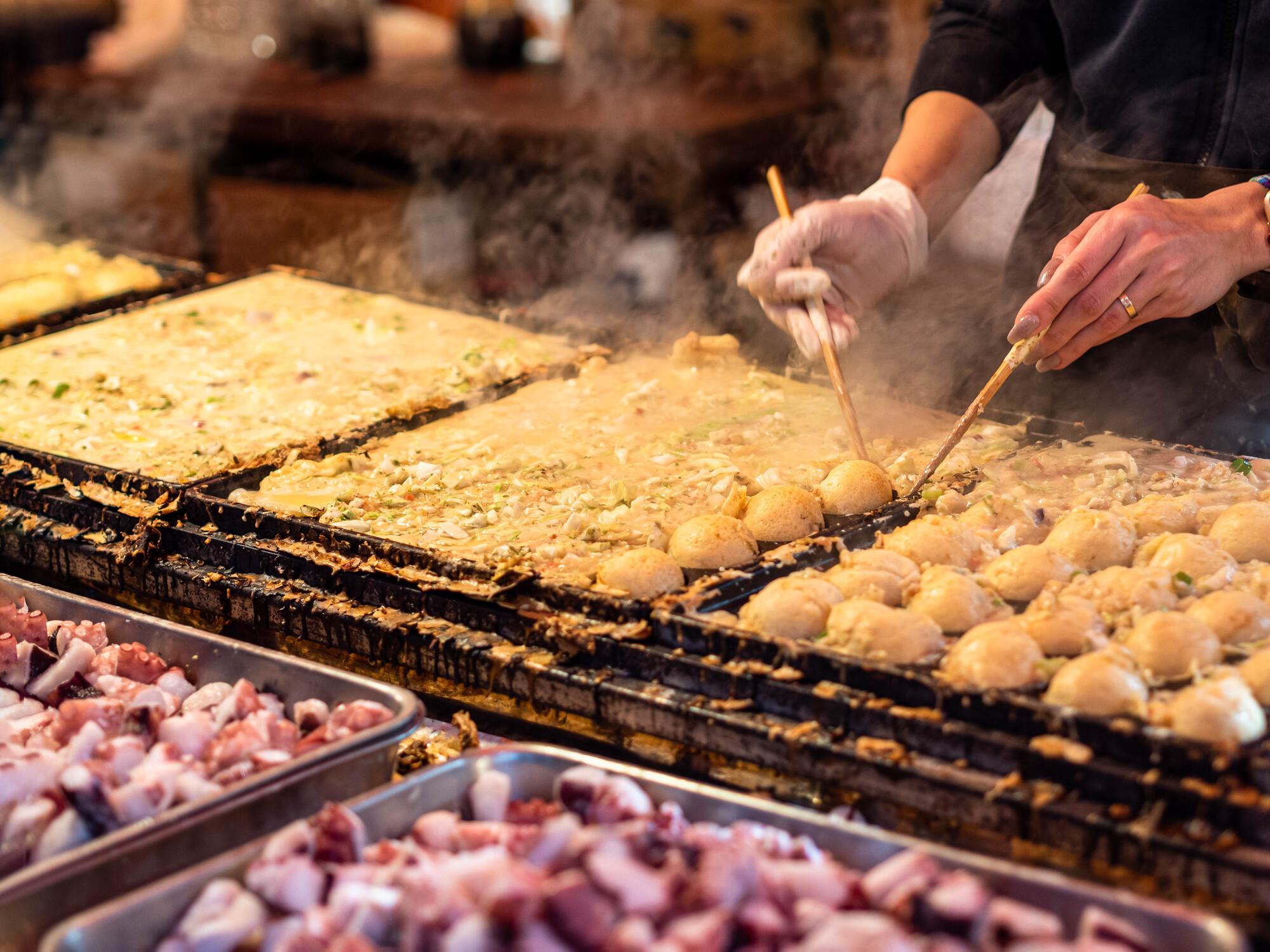 Osaka Street Food Walking Tour with Okonomiyaki Cooking