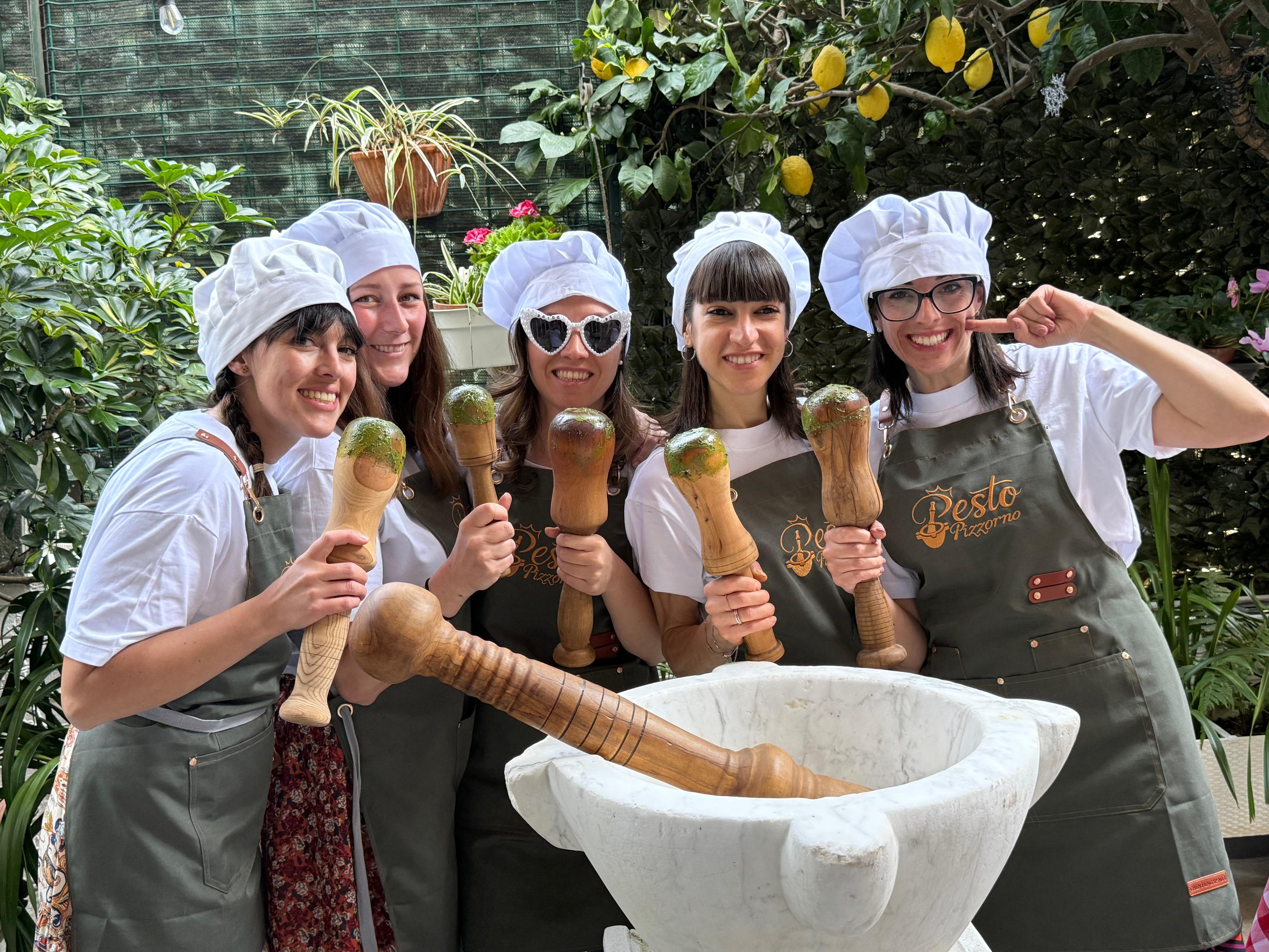 cooking class in Genoa — Mortar Pesto Lesson with World Champion and Local Menu with Wine