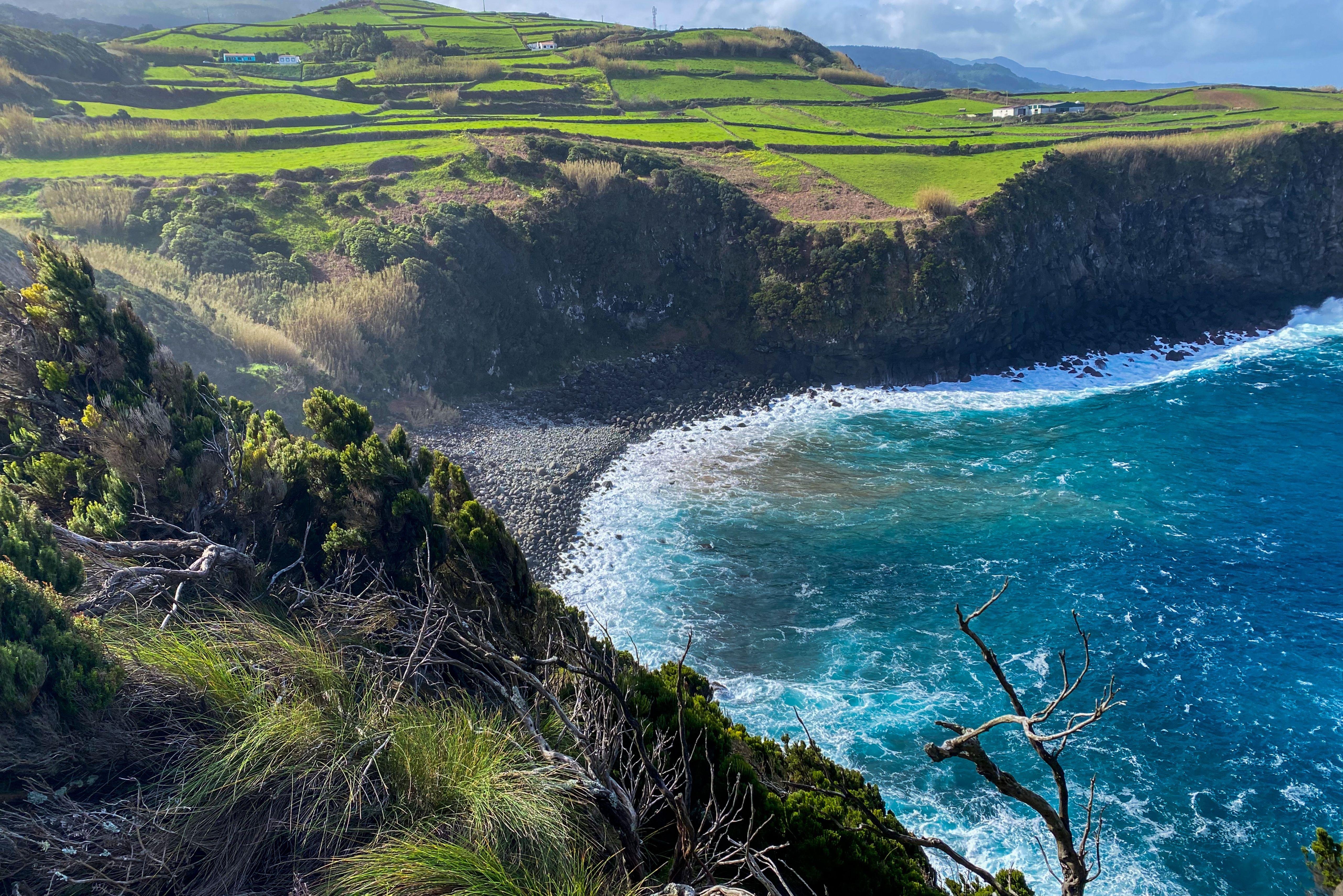 A pebble bay and sea cliffs below green fields on Terceira’s north coast