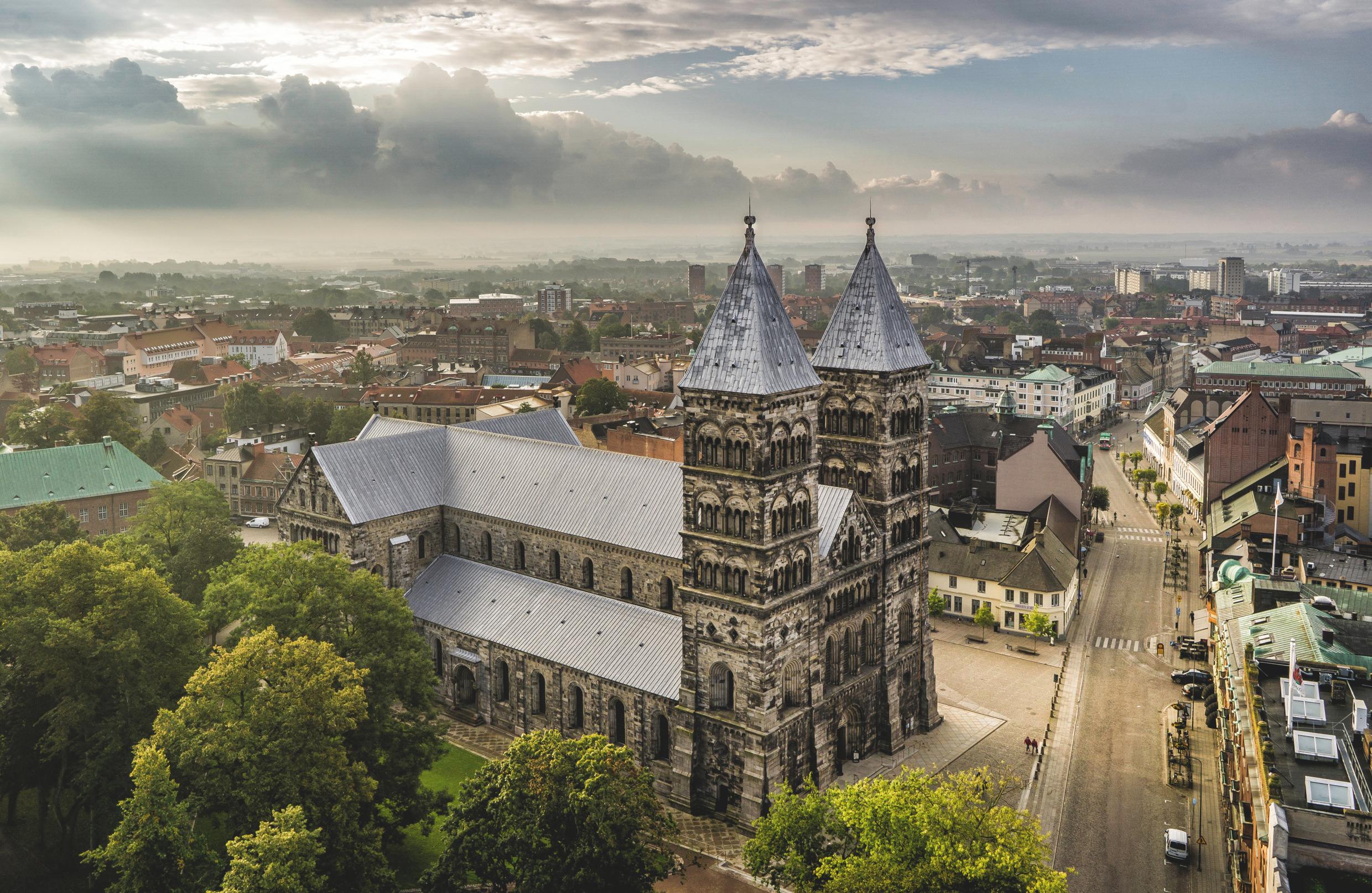 Lund from above, the cathedral's twin towers over the rooftops