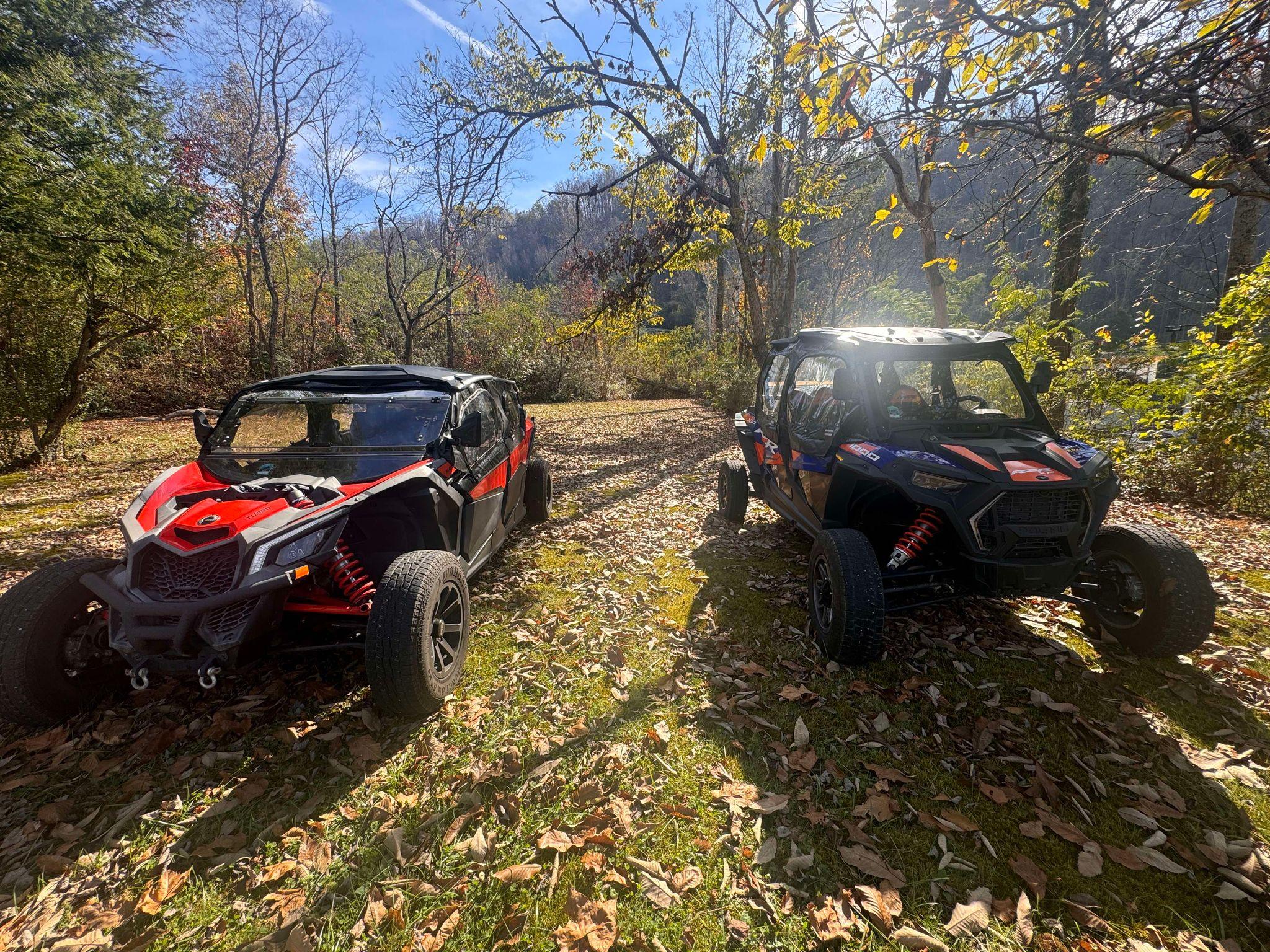 Gatlinburg UTV side-by-side rental interior — included ice cooler and phone charger for Smoky Mountain drive