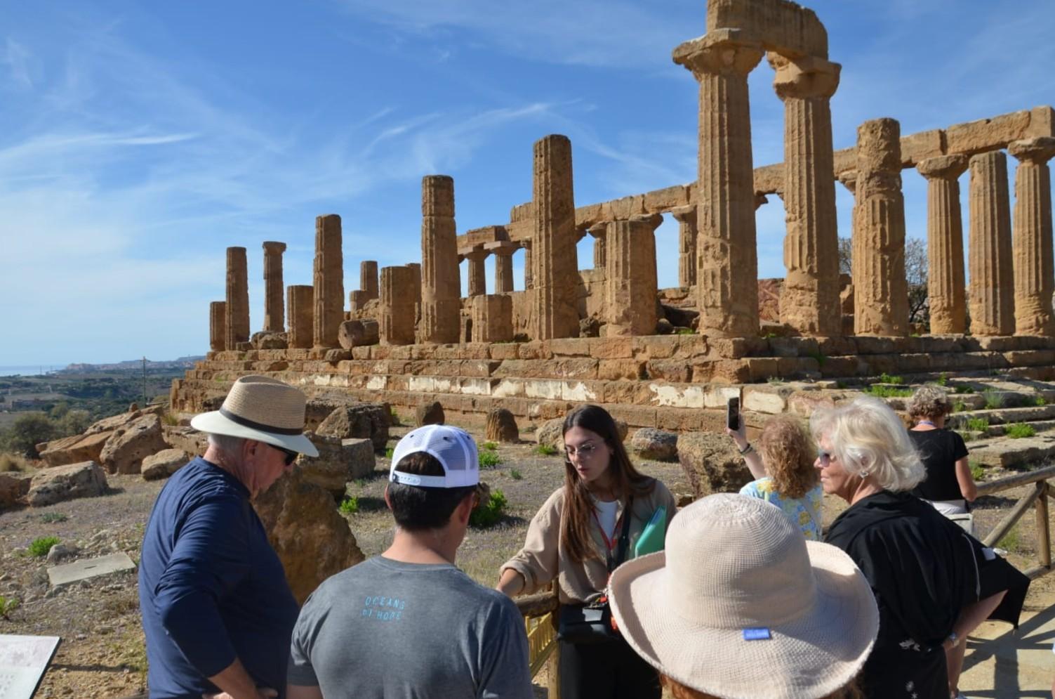 Golden Doric columns of an ancient temple at the UNESCO Valley of the Temples, Sicily