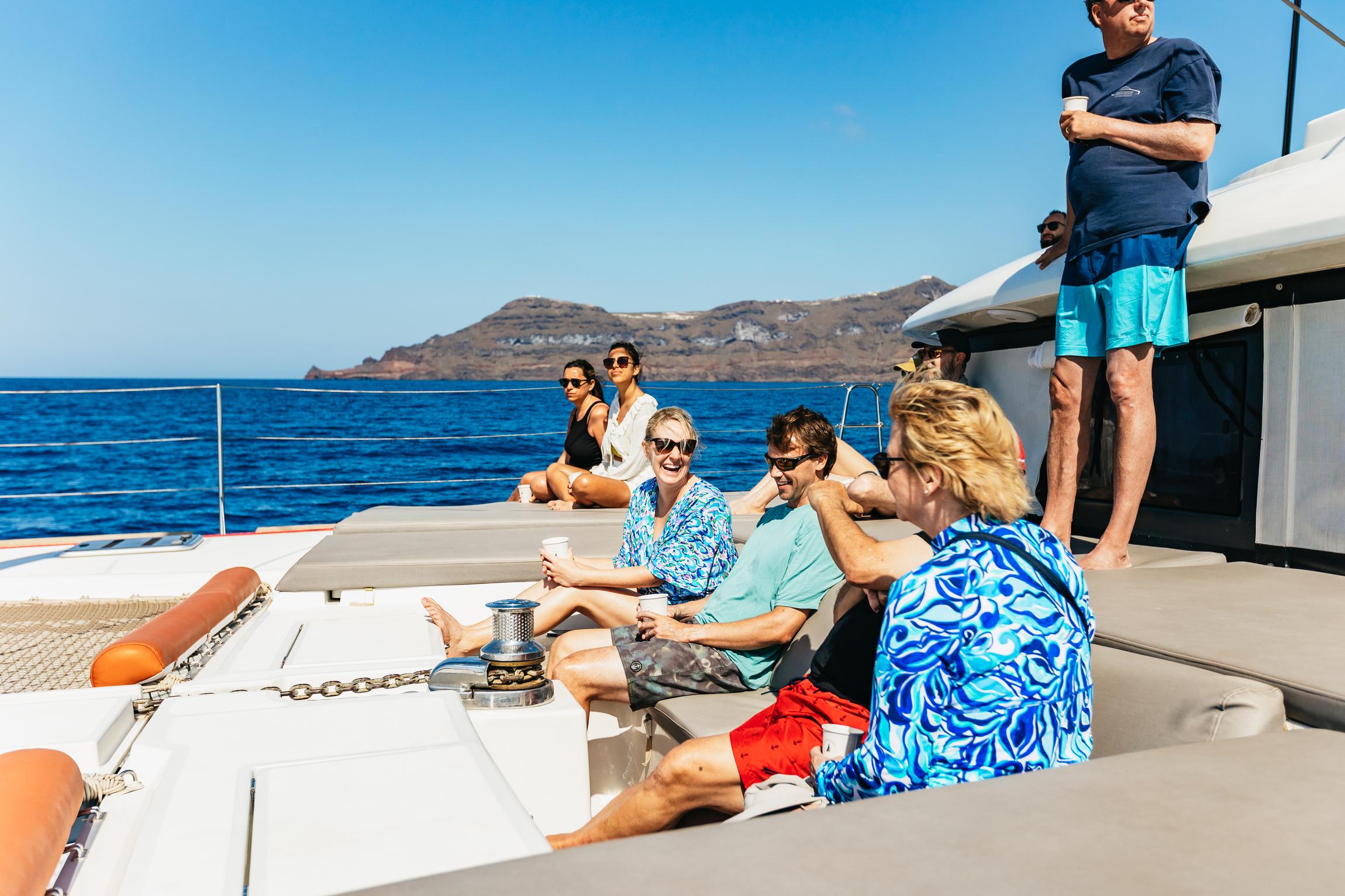 Santorini Luxury Catamaran Day Trip with Meal & Open Bar