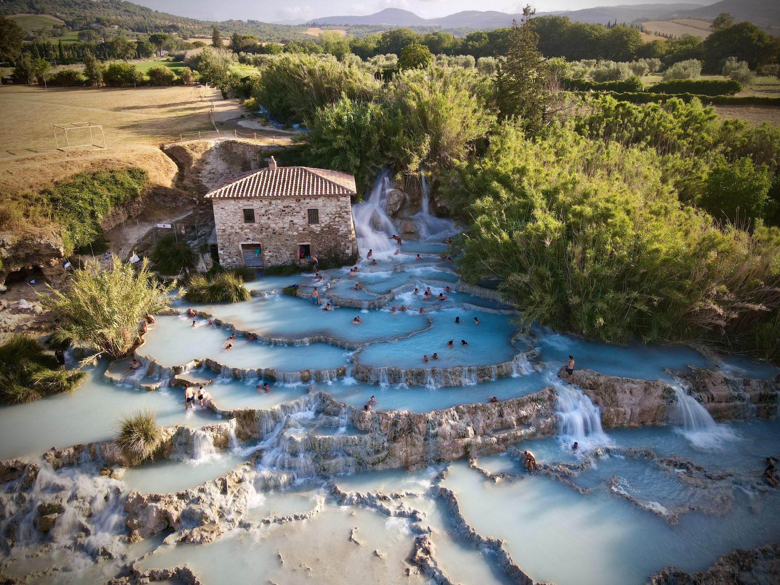 Cascate del Mulino thermal pools cascading over limestone rock near Saturnia, Tuscany