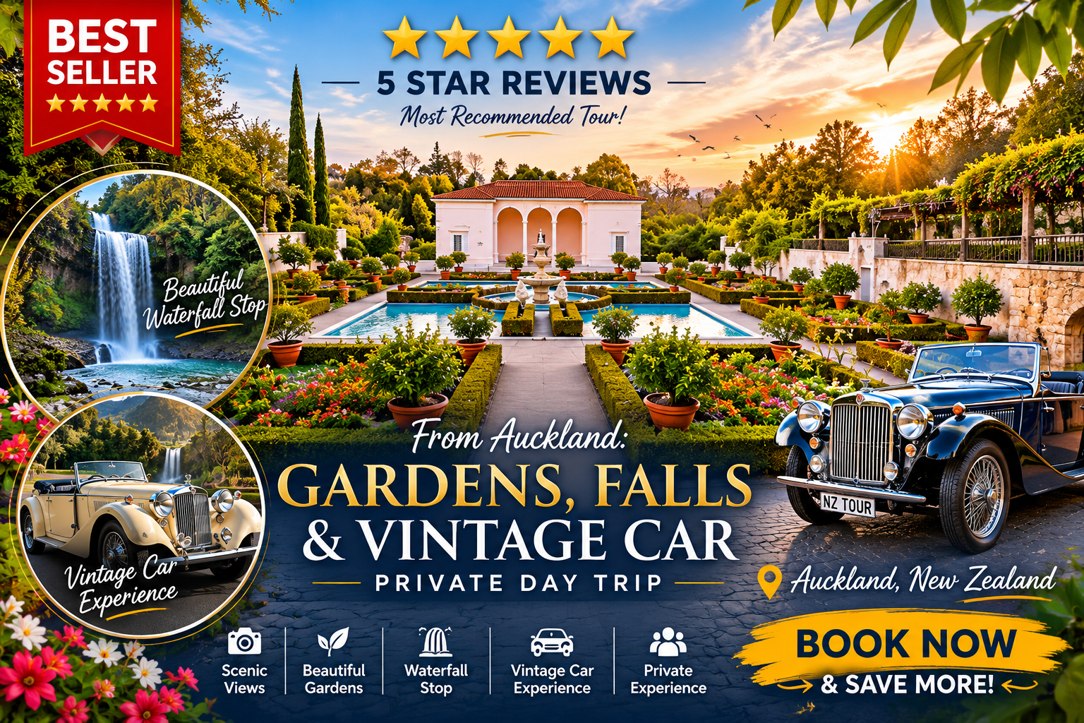 Auckland to Waikato: Waterfalls, Gardens & Classic Cars Private Tour