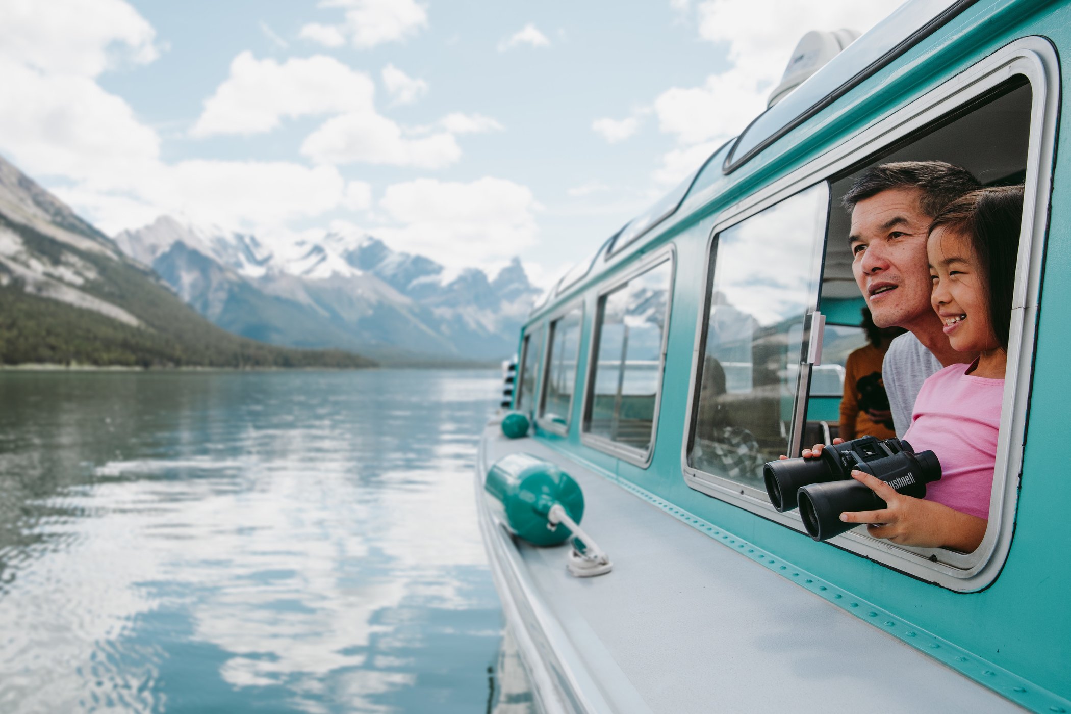 Turquoise Maligne Lake and surrounding Canadian Rockies on the guided boat cruise, Jasper National Park