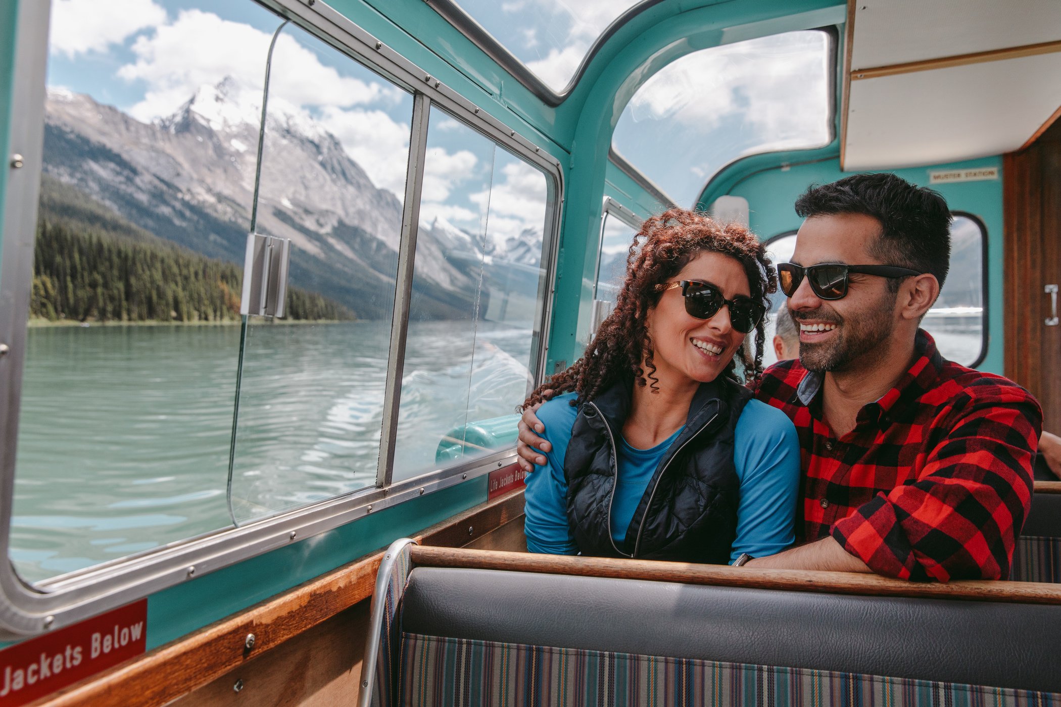Maligne Lake boat tour heading toward the Spirit Island viewpoint, Jasper Alberta