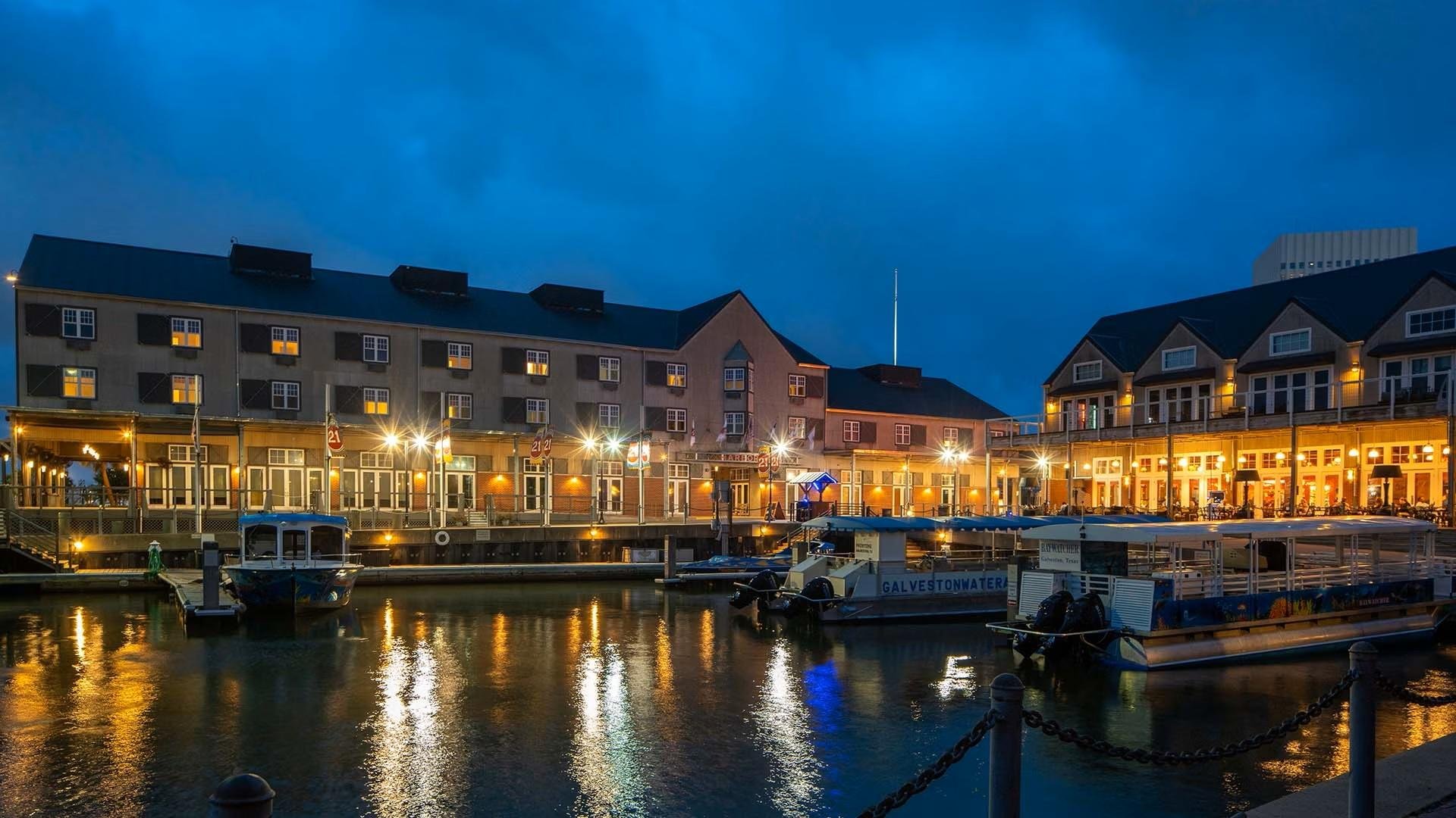 Galveston haunted harbor ghost tour boat on the historic waterfront after dark