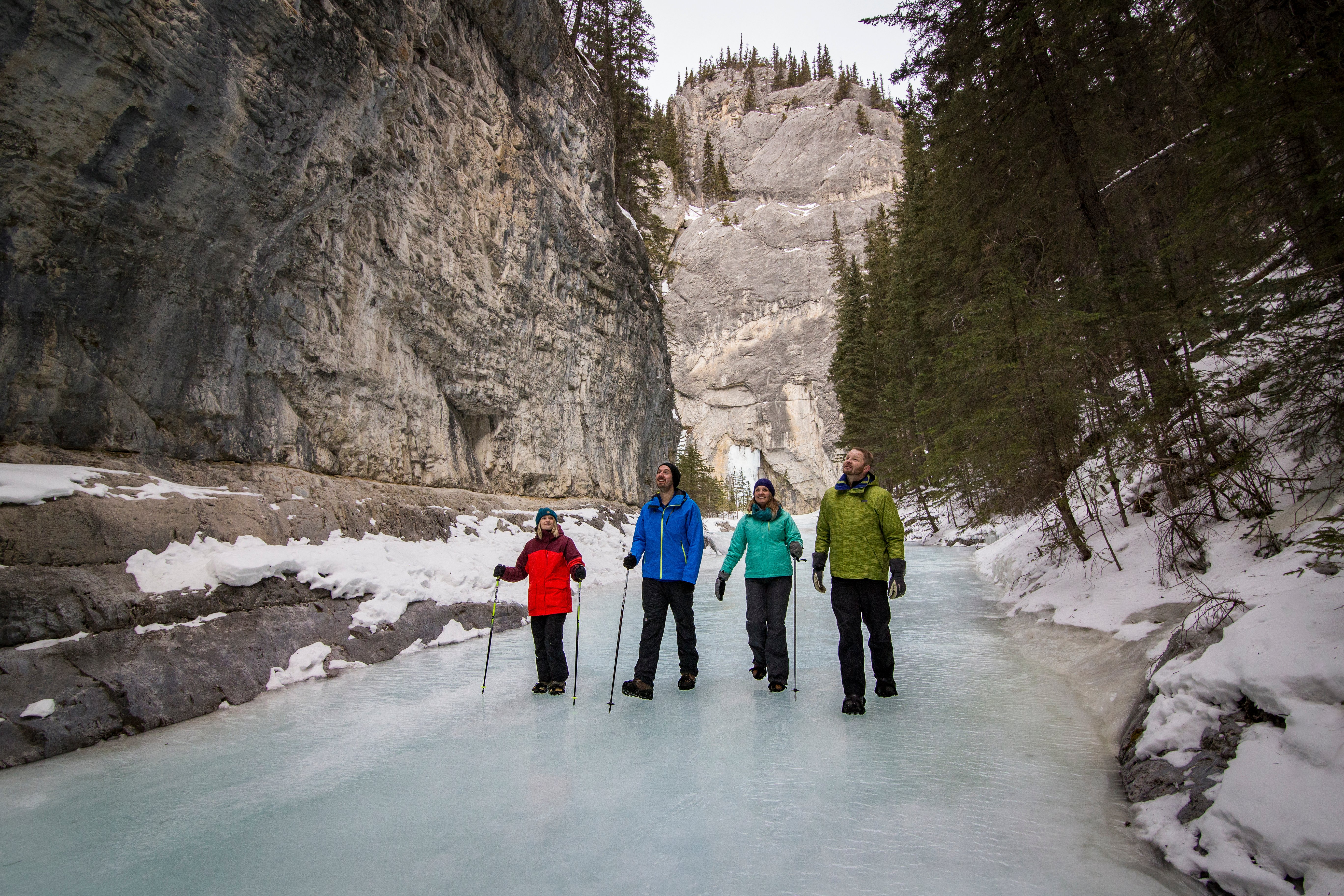 Grotto Canyon icewalk near Canmore — frozen creek bed and icefalls