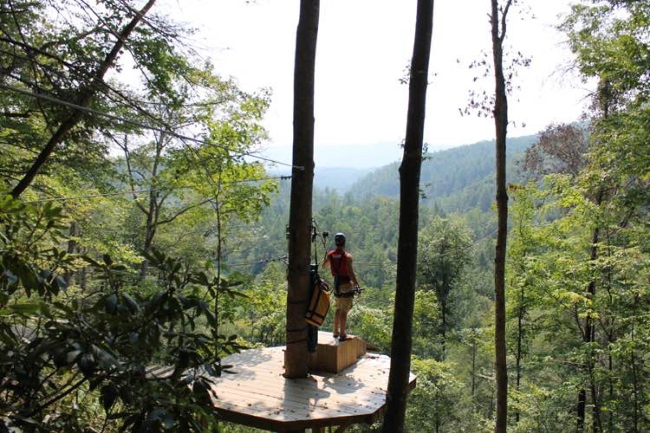 Waterfall canopy zipline platform in the Great Smoky Mountains