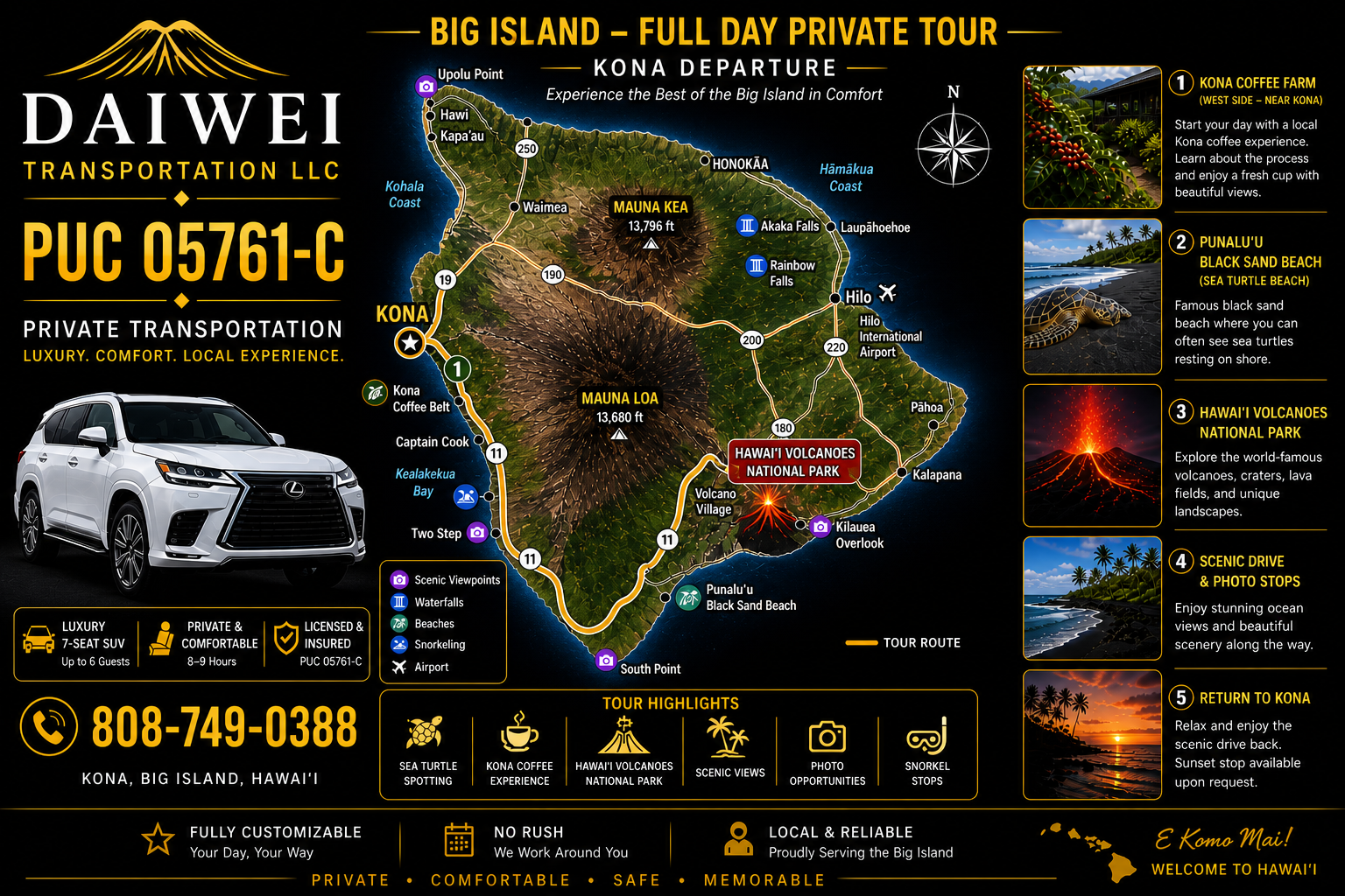 Big Island Private Full-Day Tour: Volcanoes, Black Sand Beach & Kona Coffee