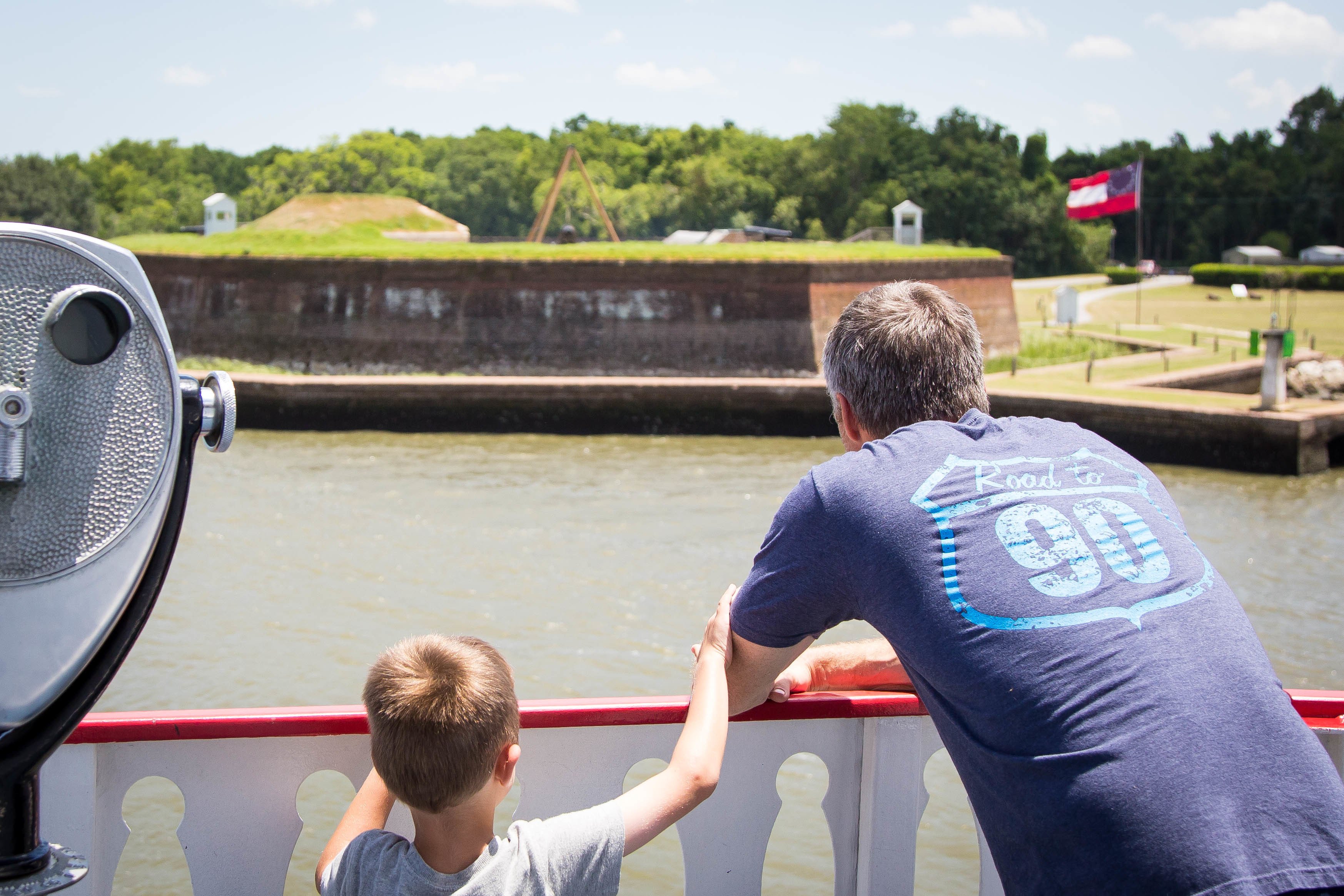 Narrated harbor cruise gliding along the Savannah River waterfront