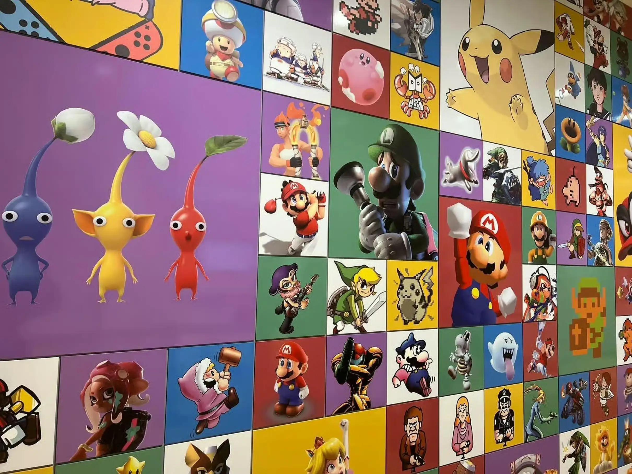 Wall of Nintendo character tiles: Pikmin, Mario, Luigi, Link, Kirby, Pikachu, Samus and others
