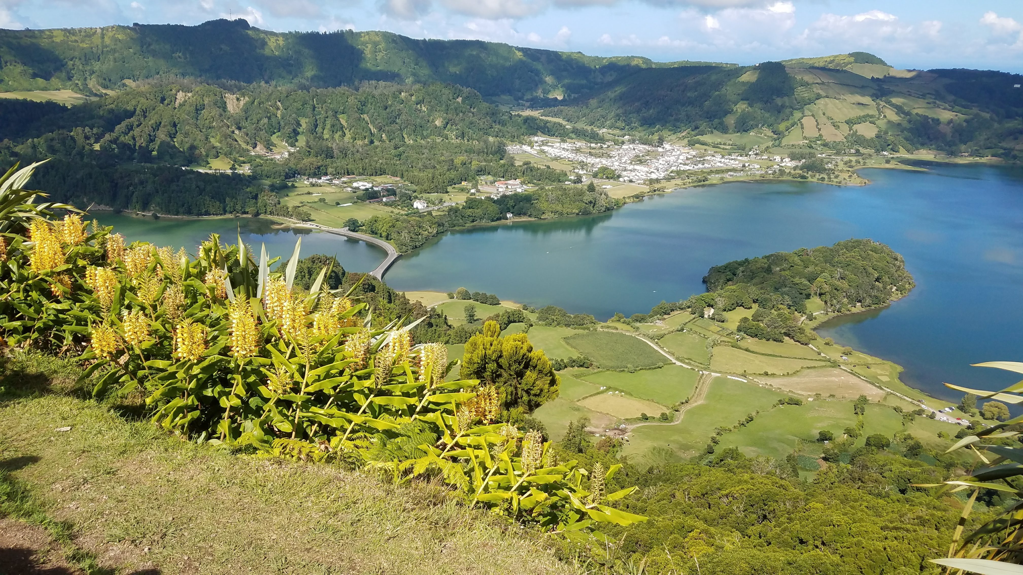 Lagoa das Sete Cidades, farmland and crater walls seen from above