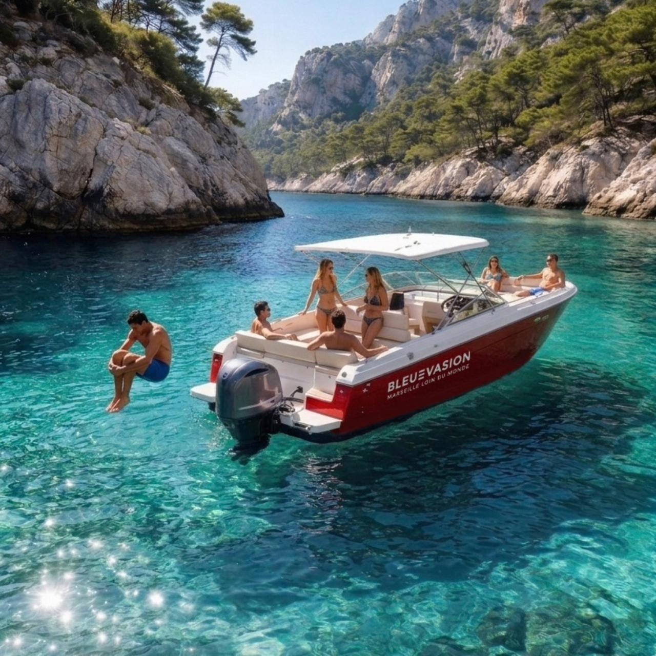 Calanque de Sormiou seen from a boat — steep limestone cliffs framing a turquoise cove near Marseille