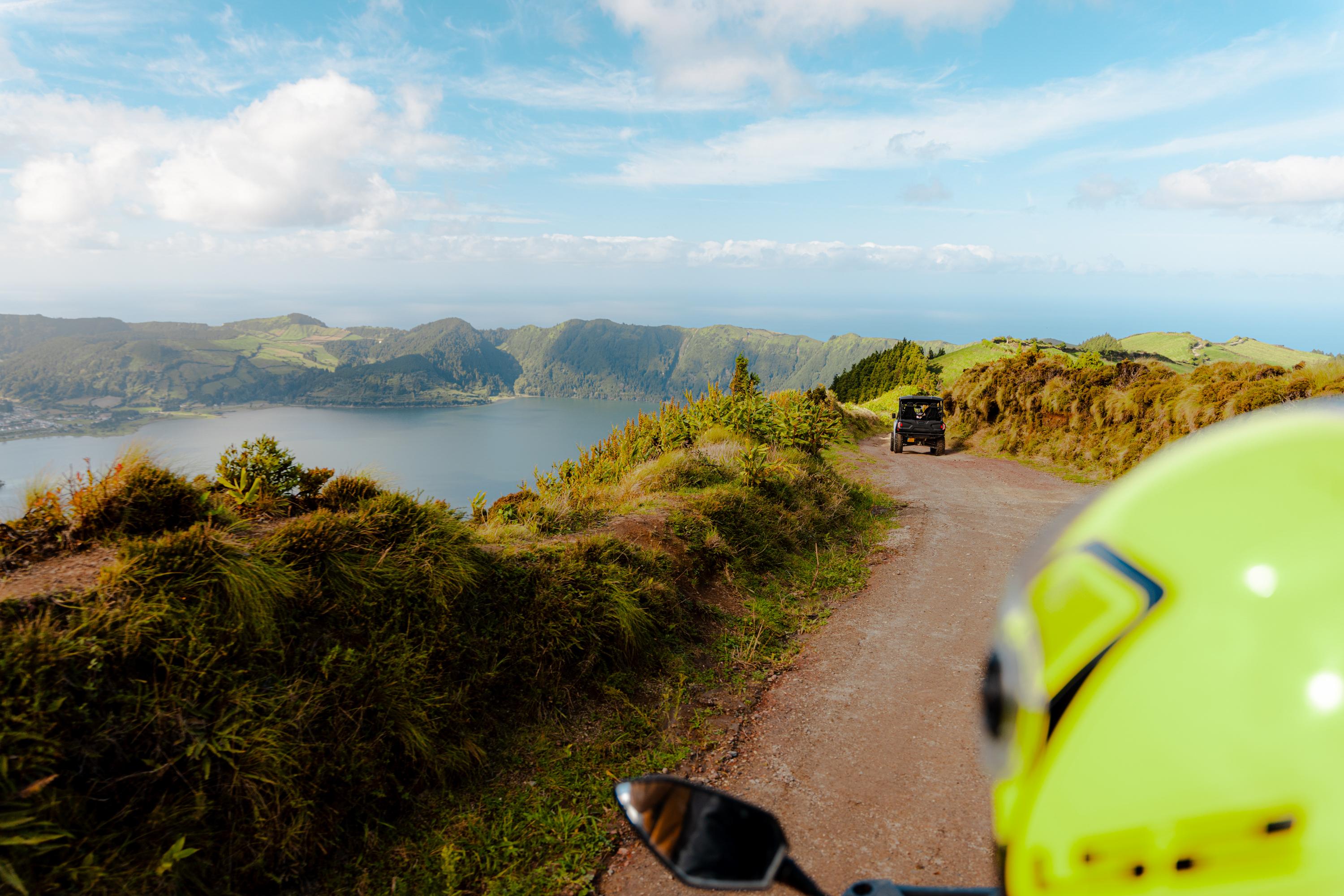 Two off-road riders following the lakeside route in Sete Cidades