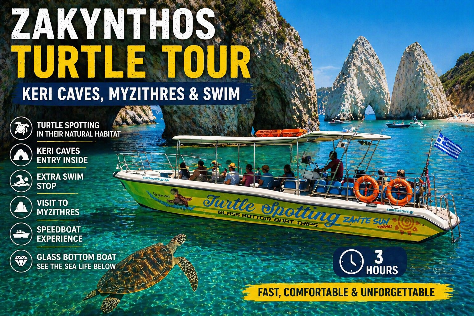 Zakynthos Speedboat Cruise: Turtle Watching, Keri Caves & Mizithres Swim
