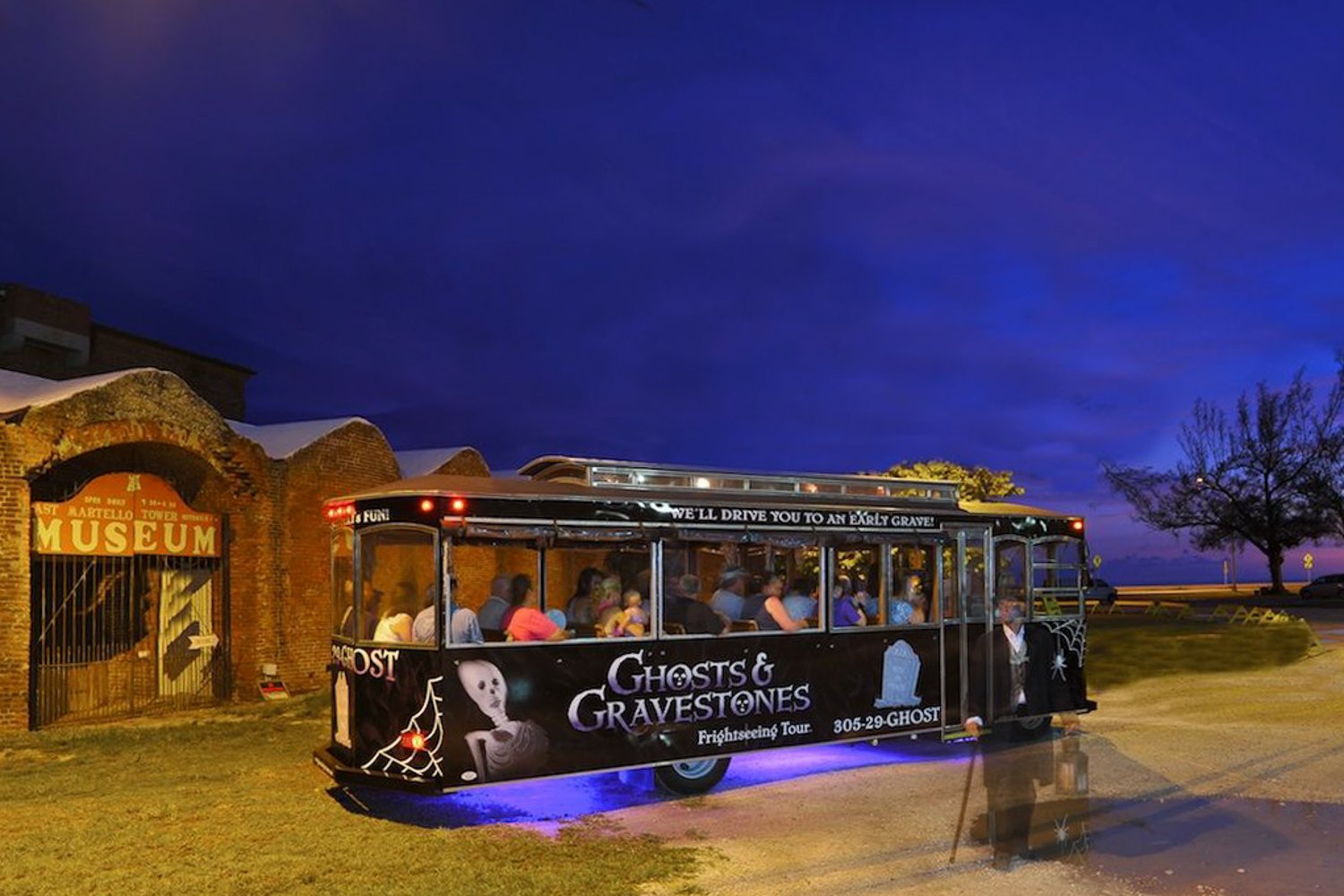 Ghosts & Gravestones trolley tour of Key West, the island's seated ghost tour after dark