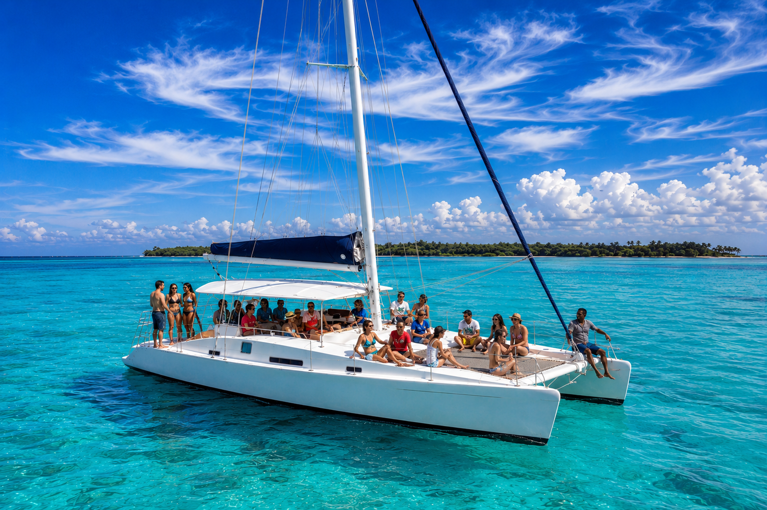 Shared catamaran sailing in bright turquoise water