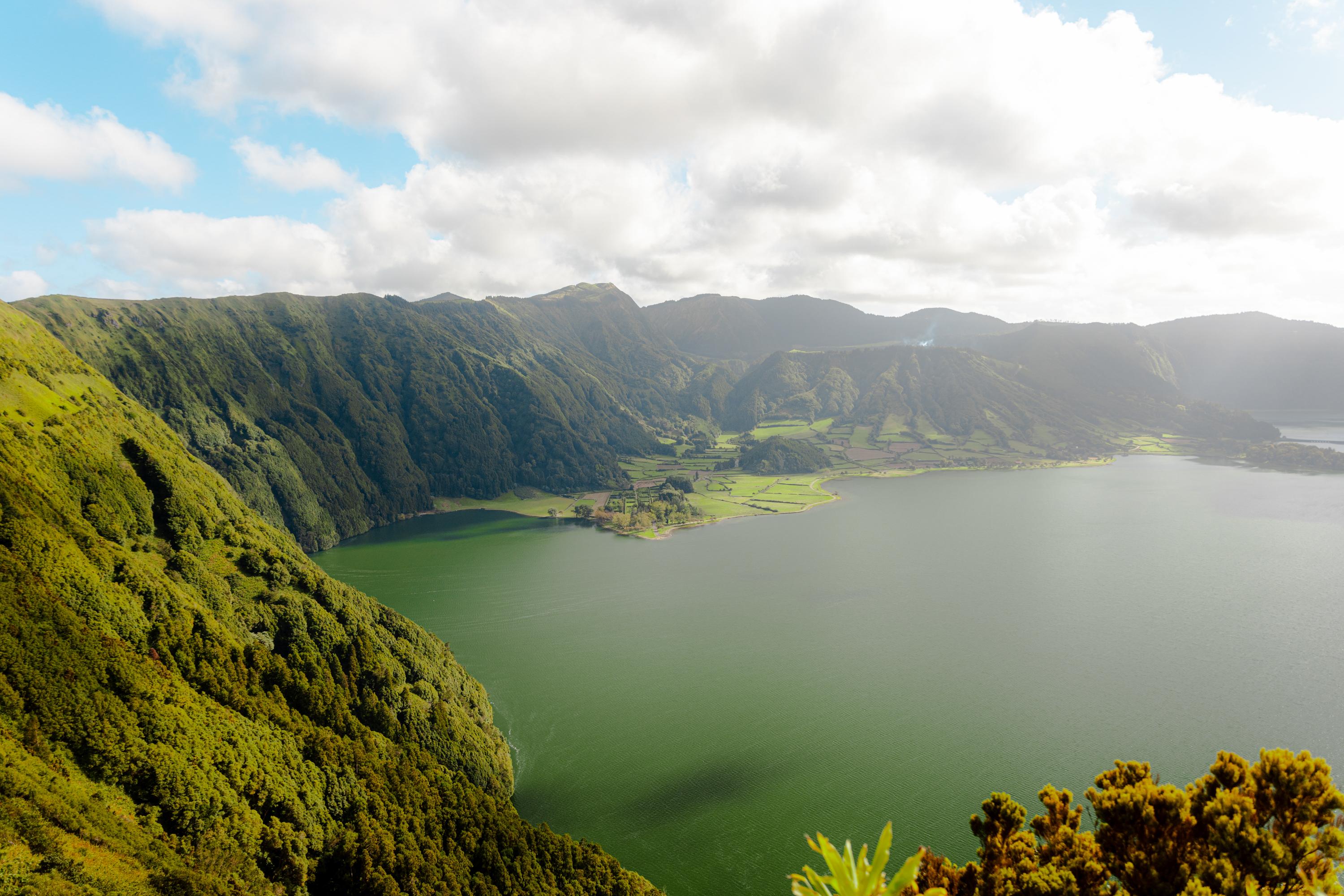 Lagoa Azul and Sete Cidades village from a high quad-tour viewpoint