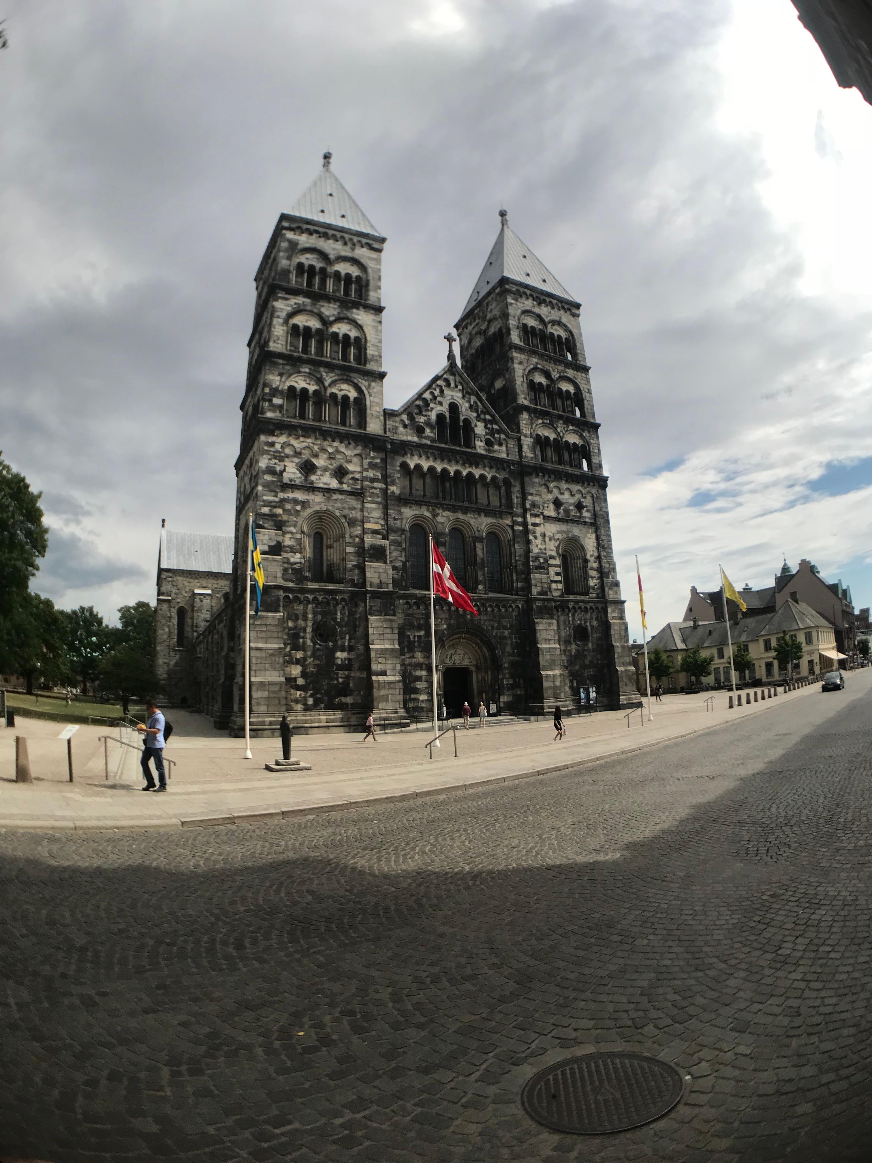 The twin-towered west front of Lund Cathedral from the square