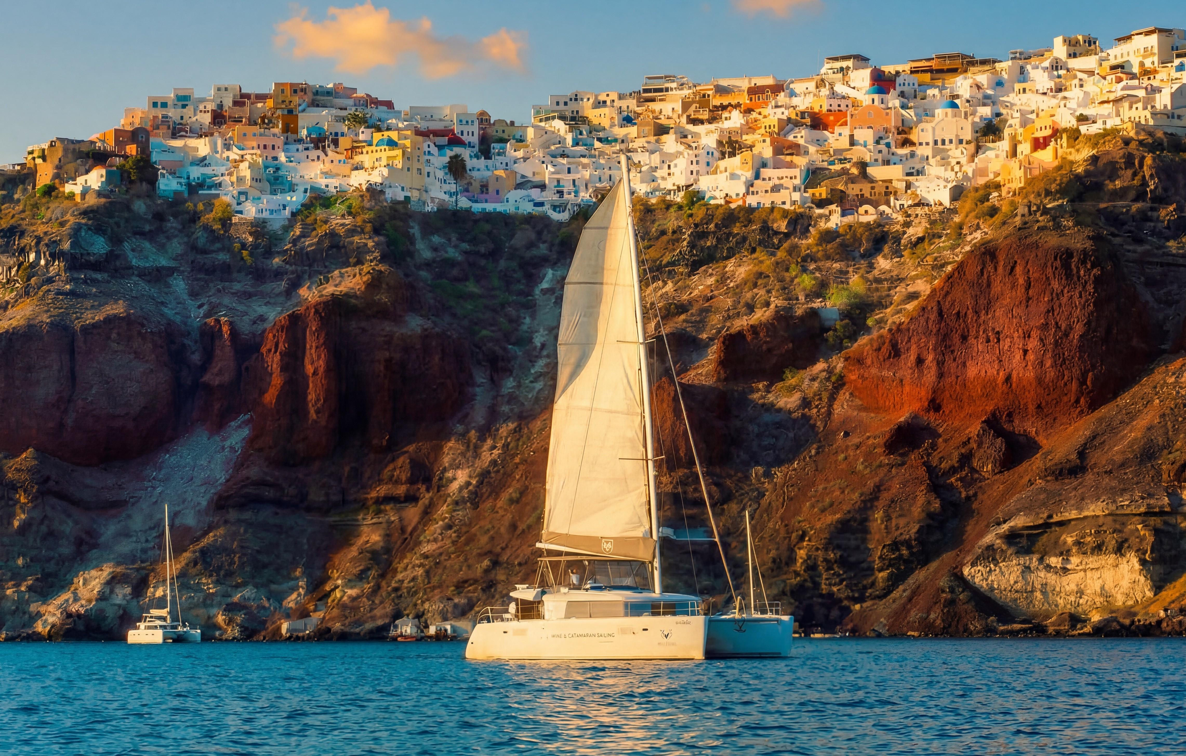 Santorini Gold Catamaran Cruise with Snorkel, BBQ & Open Bar