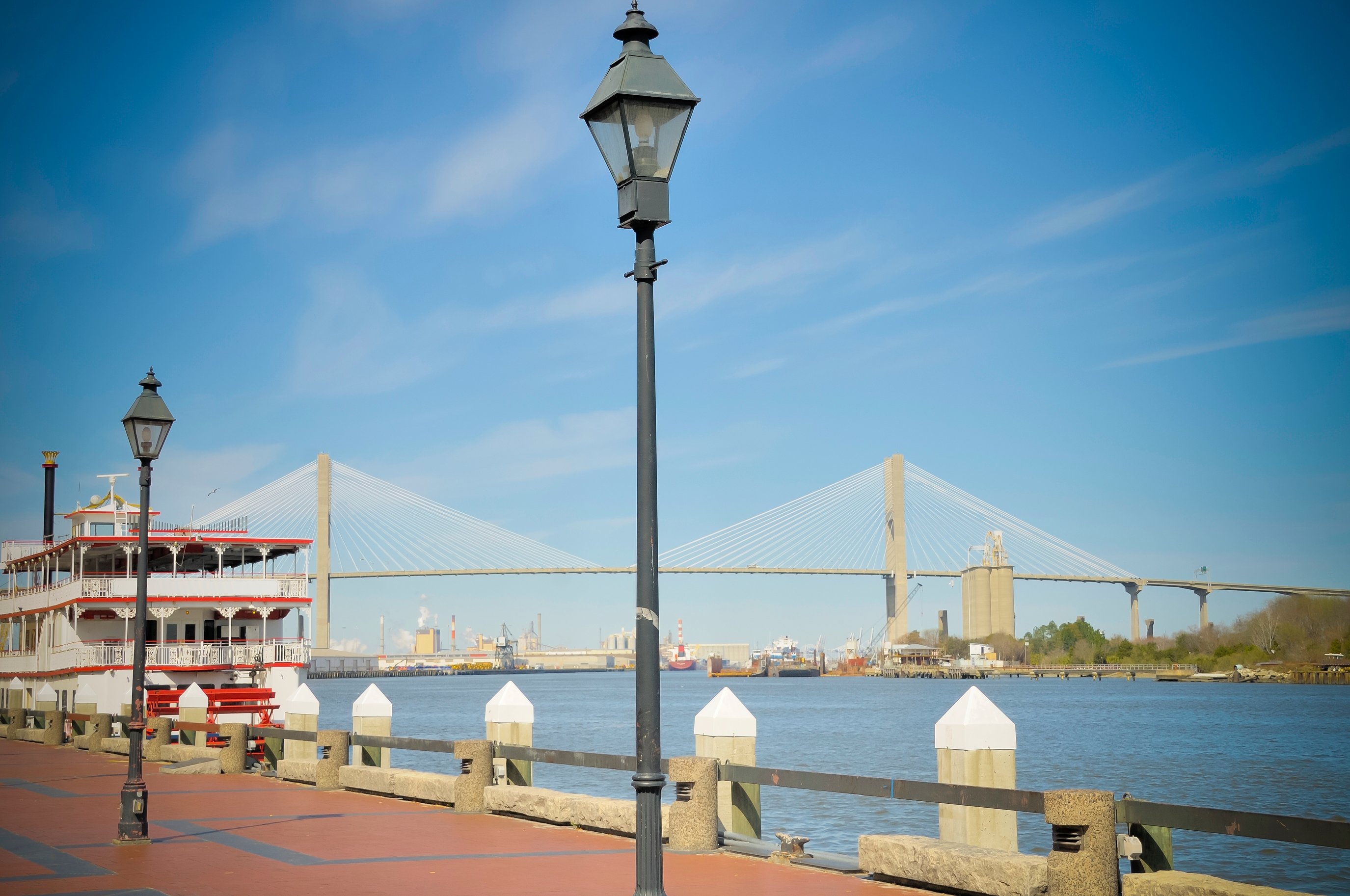 Savannah riverboat sightseeing cruise passing the downtown River Street skyline