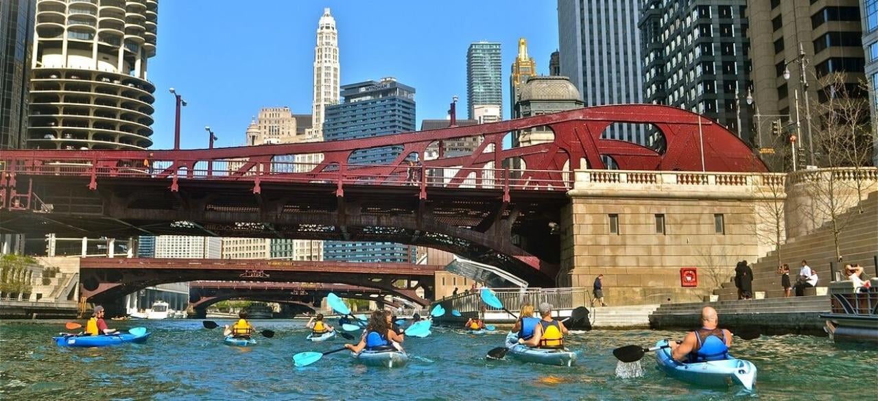 Chicago architecture from the river by kayak