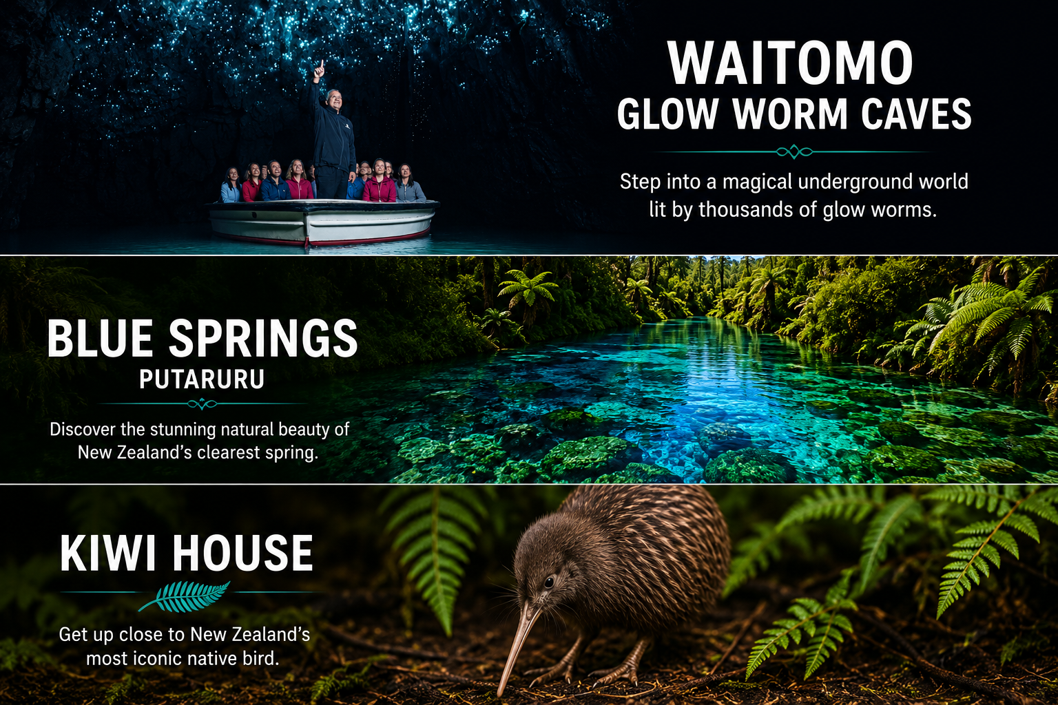 Waitomo Glowworms, Blue Springs & Kiwi House Day Tour from Auckland