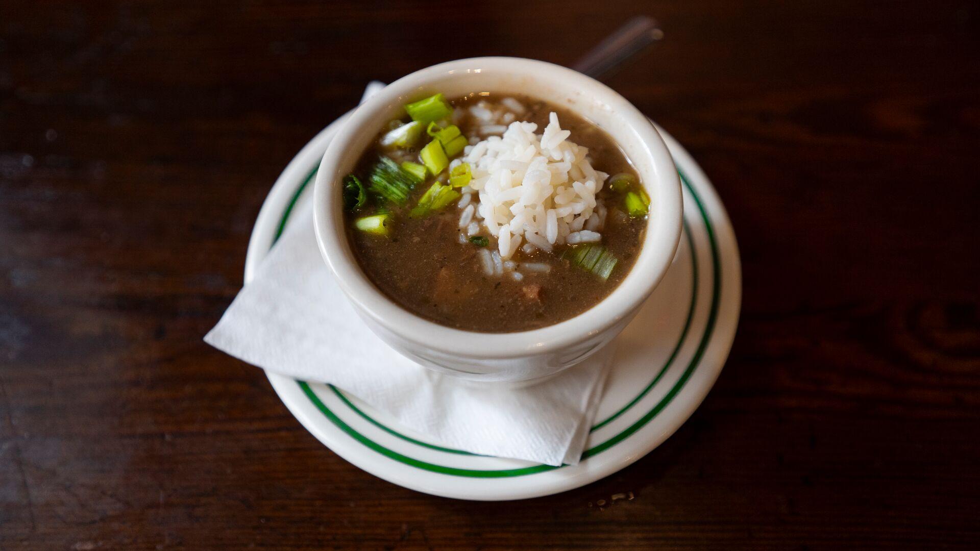Bowl of New Orleans gumbo served in the French Quarter