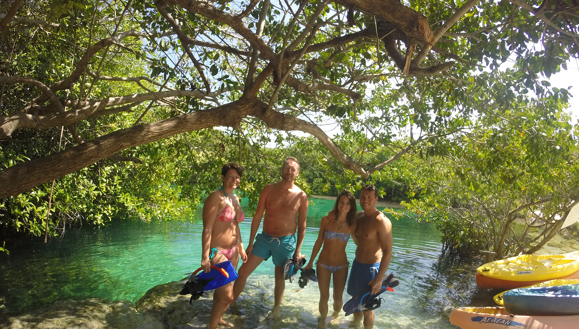 Four guests with fins beside a green cenote channel