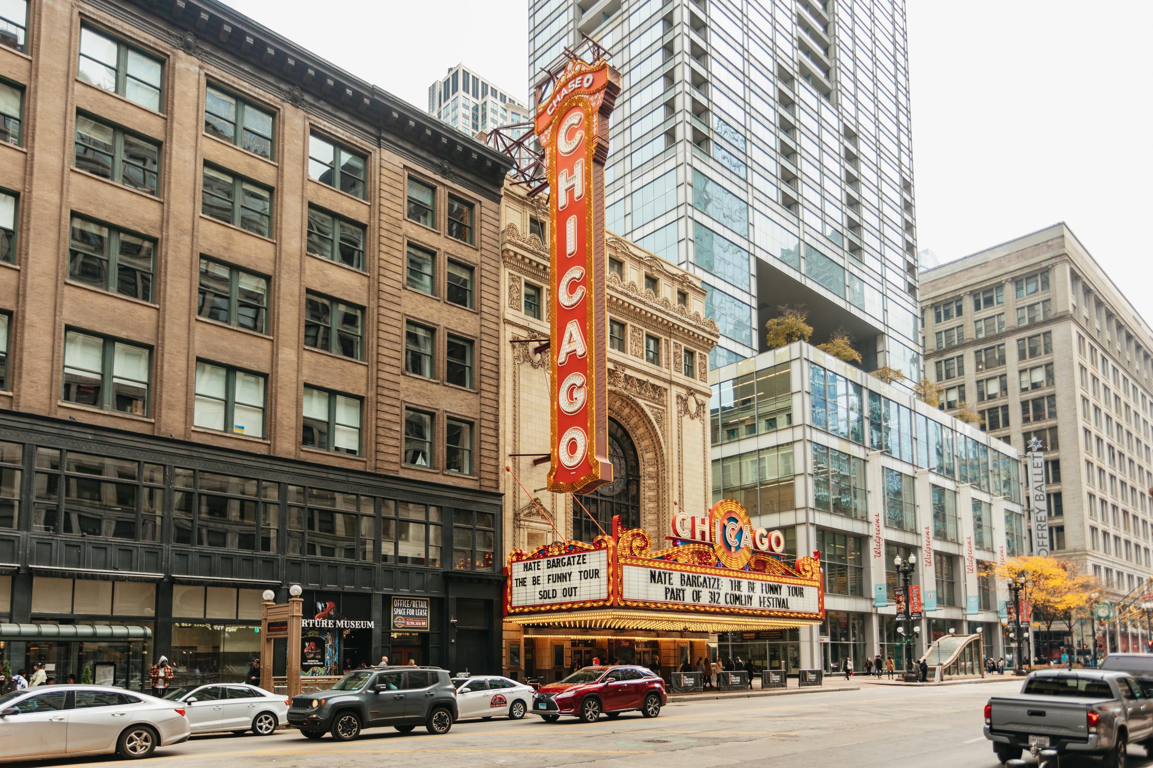 The Chicago Theatre marquee on State Street, a stop on the Gangsters and Ghosts walking tour