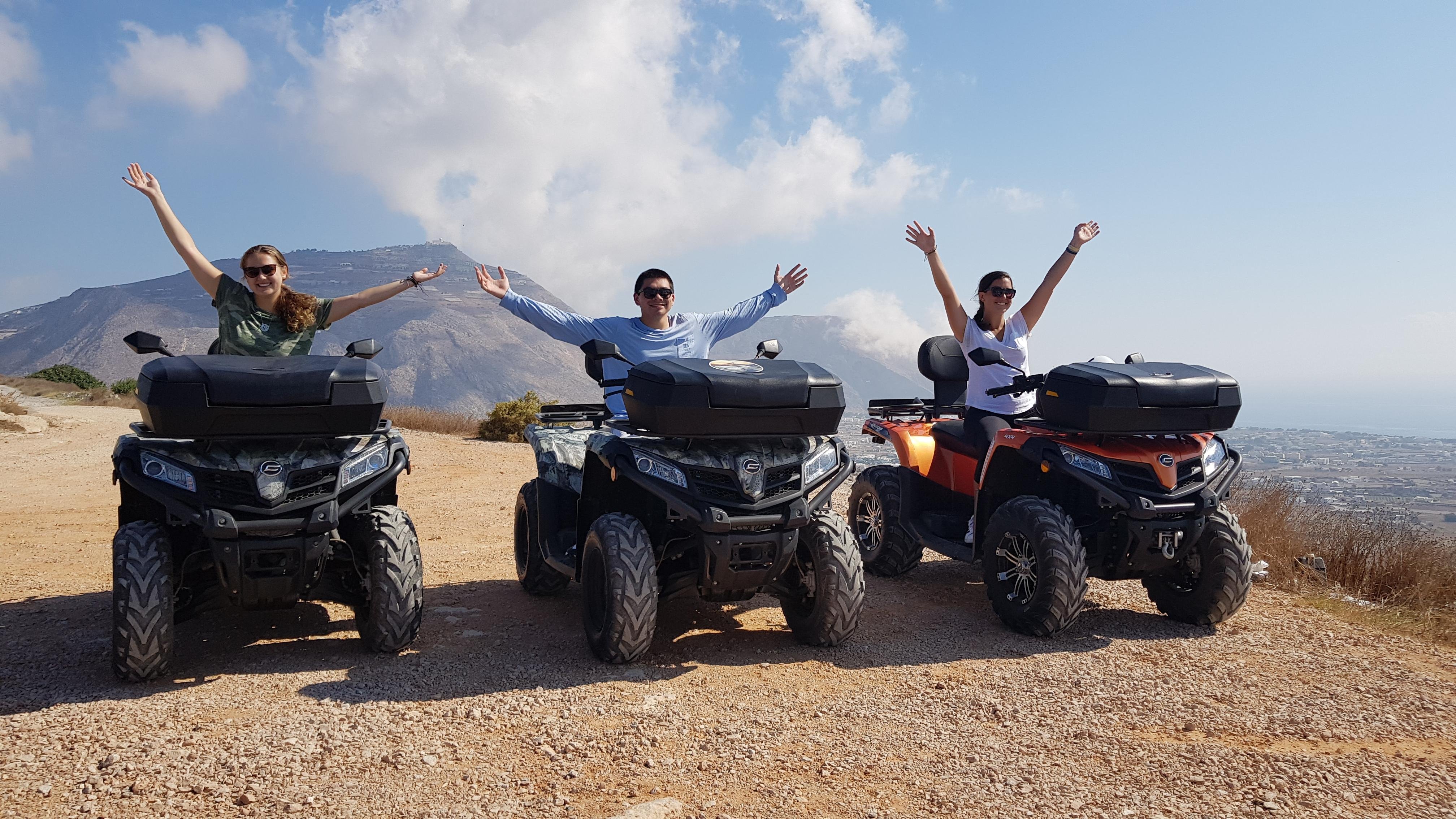Guided Santorini ATV tour riding the south of the island toward Akrotiri