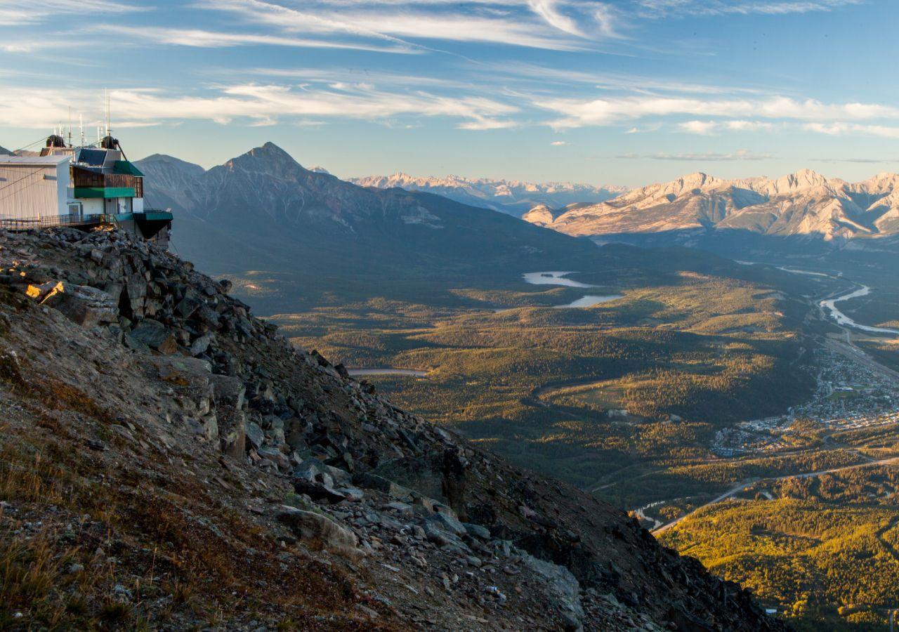 Sweeping alpine panorama of six mountain ranges seen from the top of the Jasper SkyTram