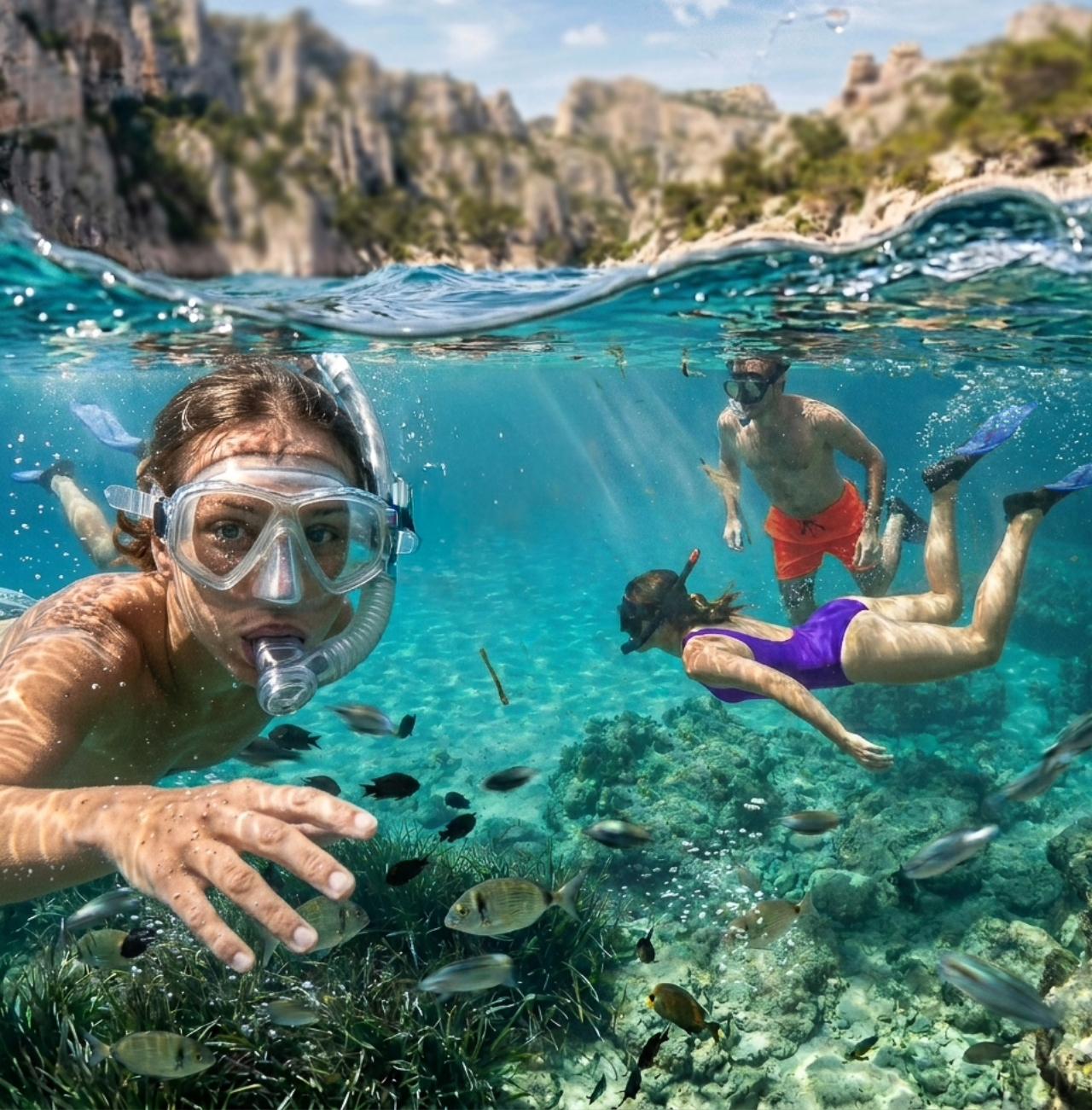 Cassis Calanques boat tour — motorboat cruising along the white cliffs of the Calanques National Park