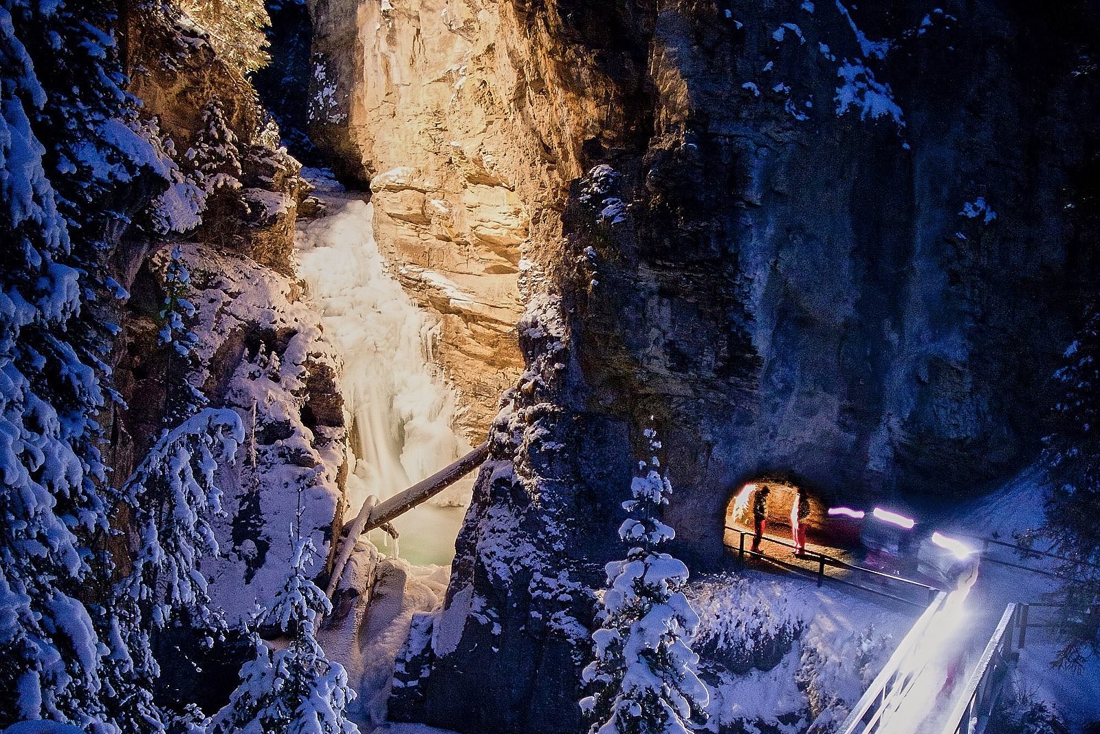 Johnston Canyon evening icewalk — headlamp-lit Lower Falls after dark, Banff (2)
