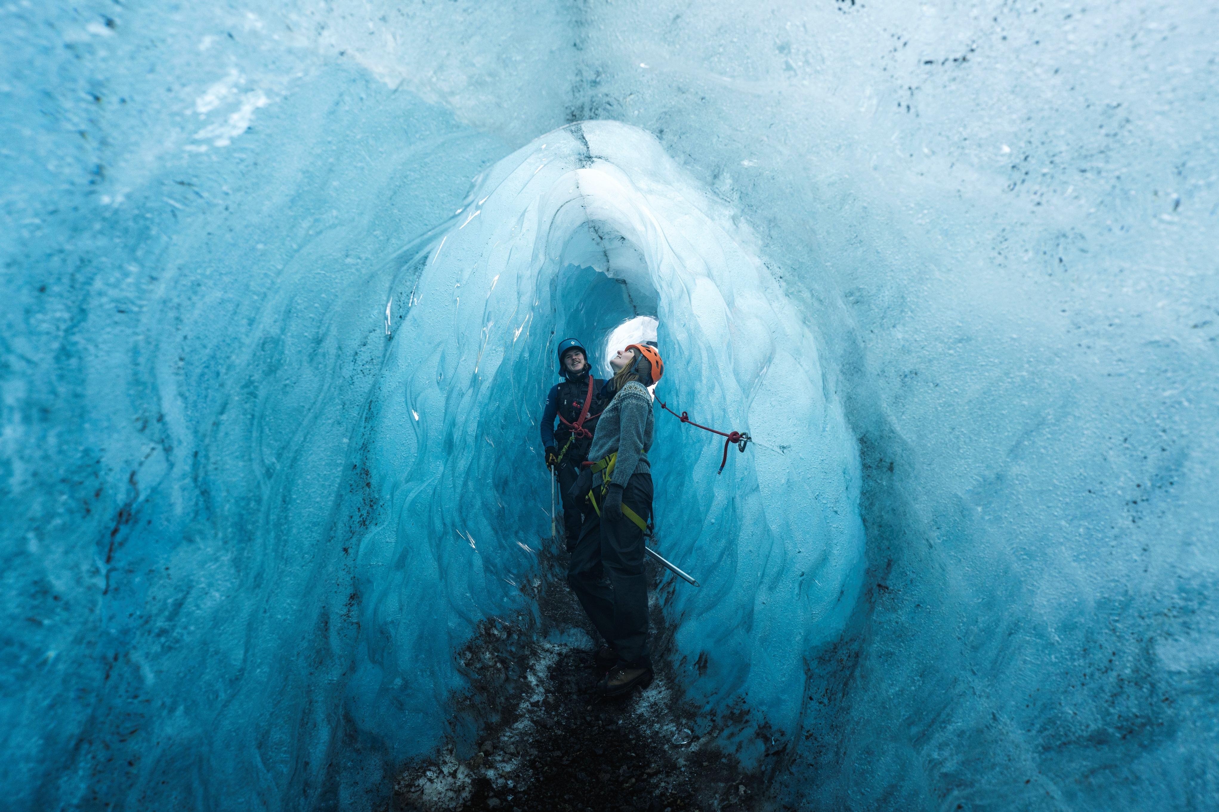 Crampon-clad boots on polished glacial ice near Skaftafell