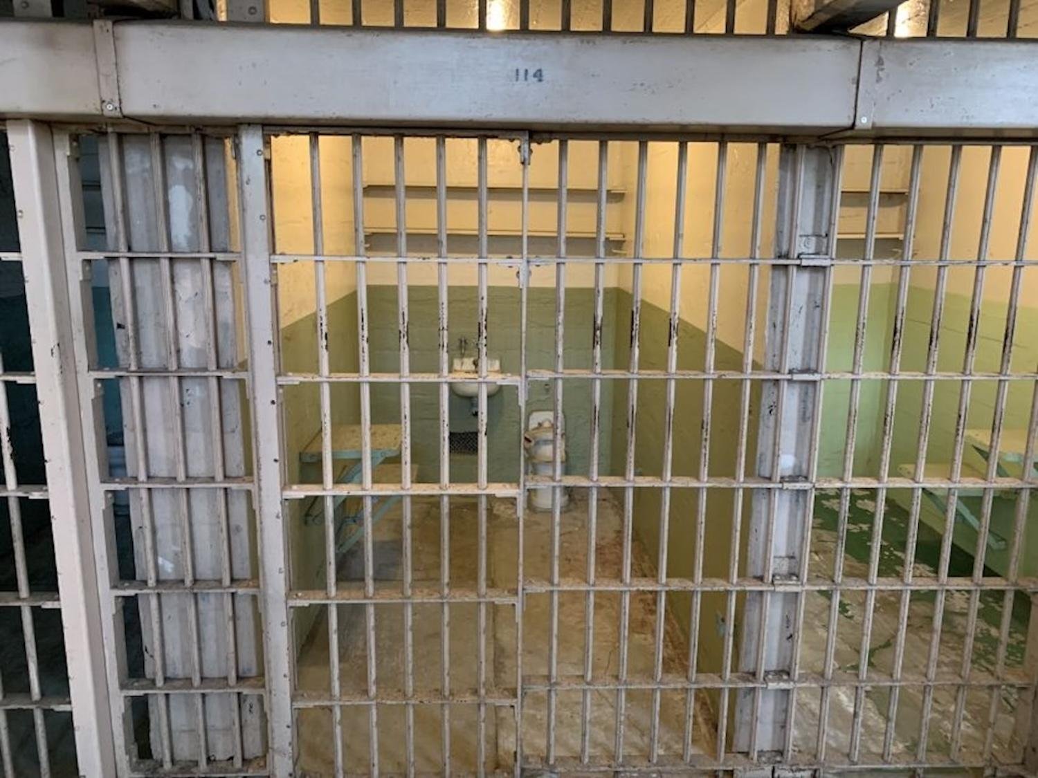 Alcatraz Island recreation yard with view of San Francisco Bay and city skyline