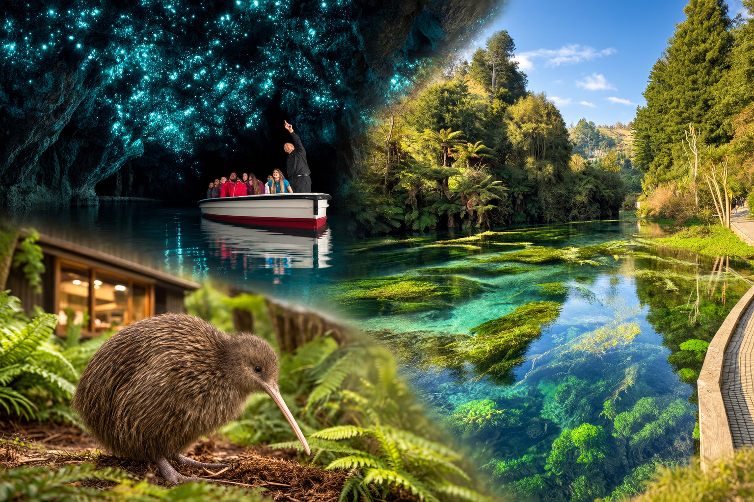 Auckland to Waitomo Glowworms, Blue Springs & Kiwi House