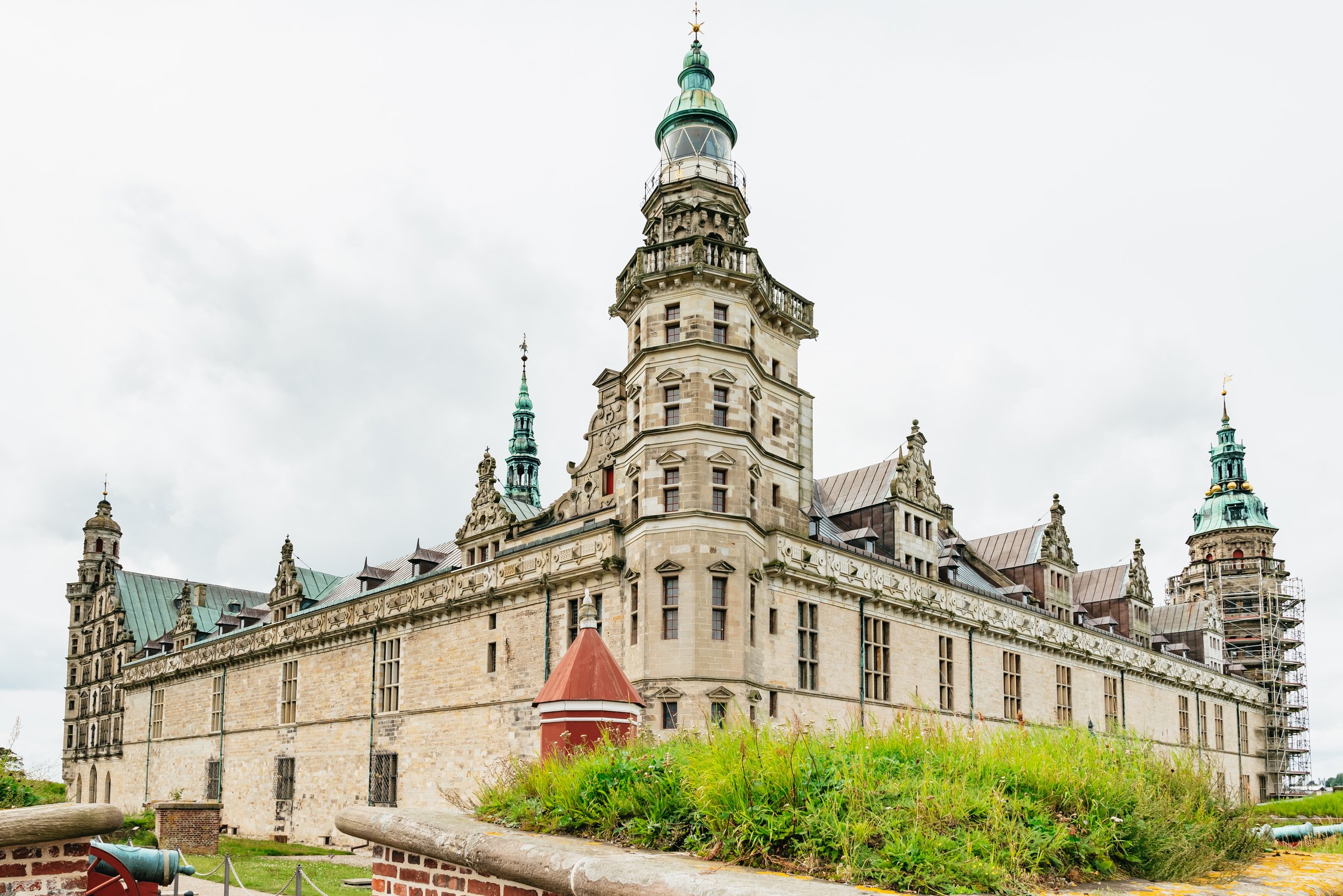 Kronborg's tower and copper spires seen from the grassy ramparts