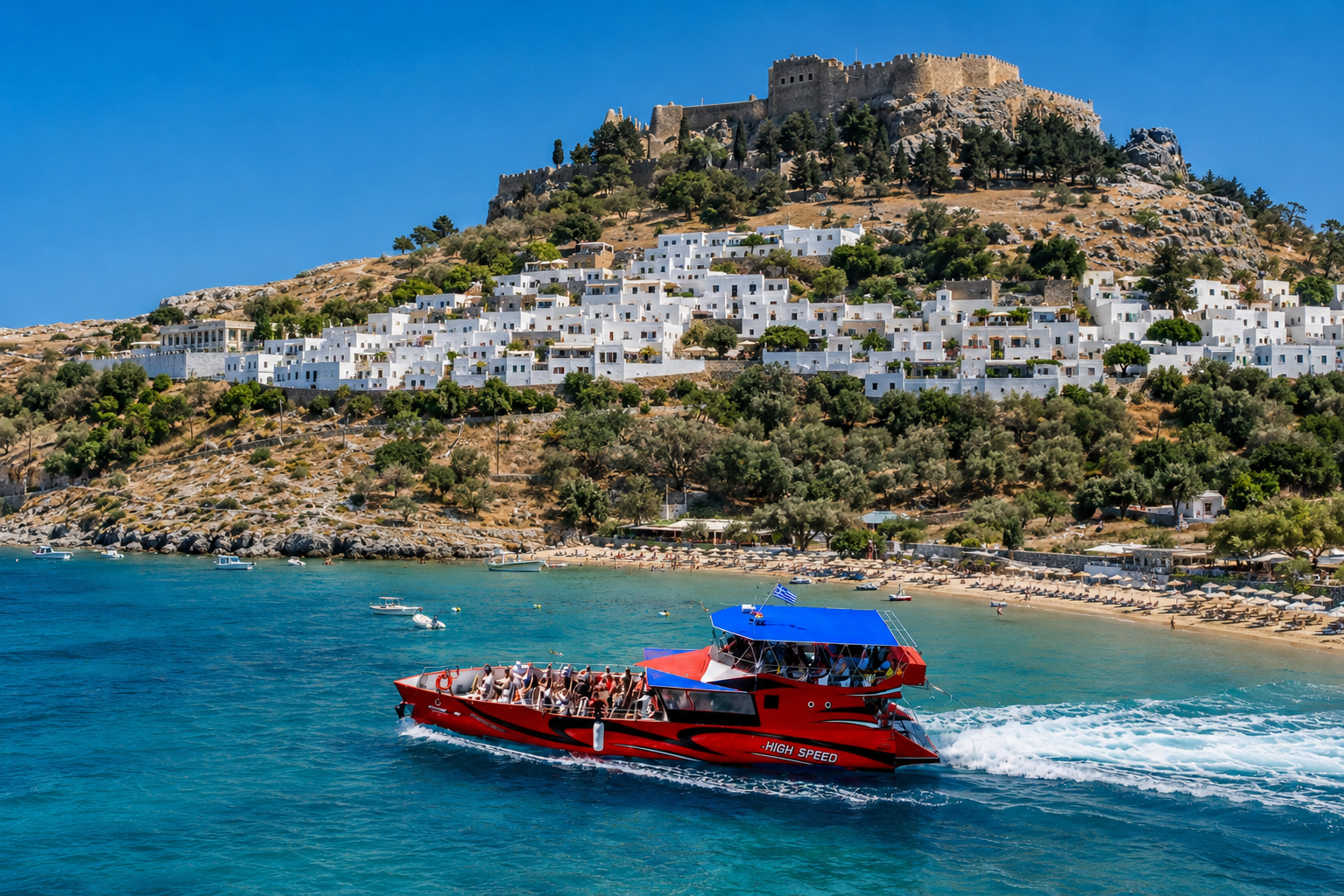 Rhodes to Lindos: High-Speed Boat Cruise with Optional Hotel Transfers
