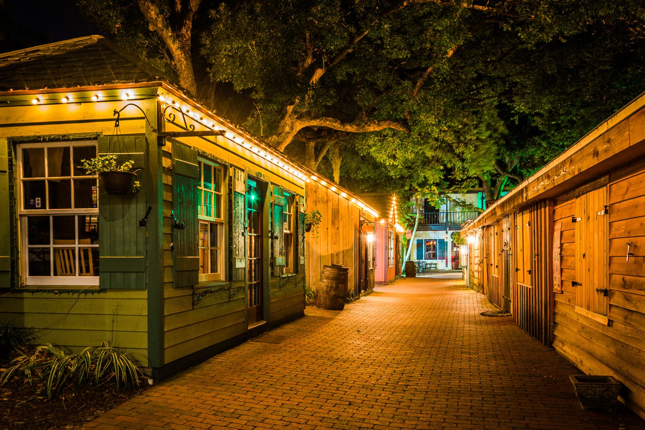 St Augustine Florida Historic District at dusk — colonial architecture on the America's oldest city ghost tour