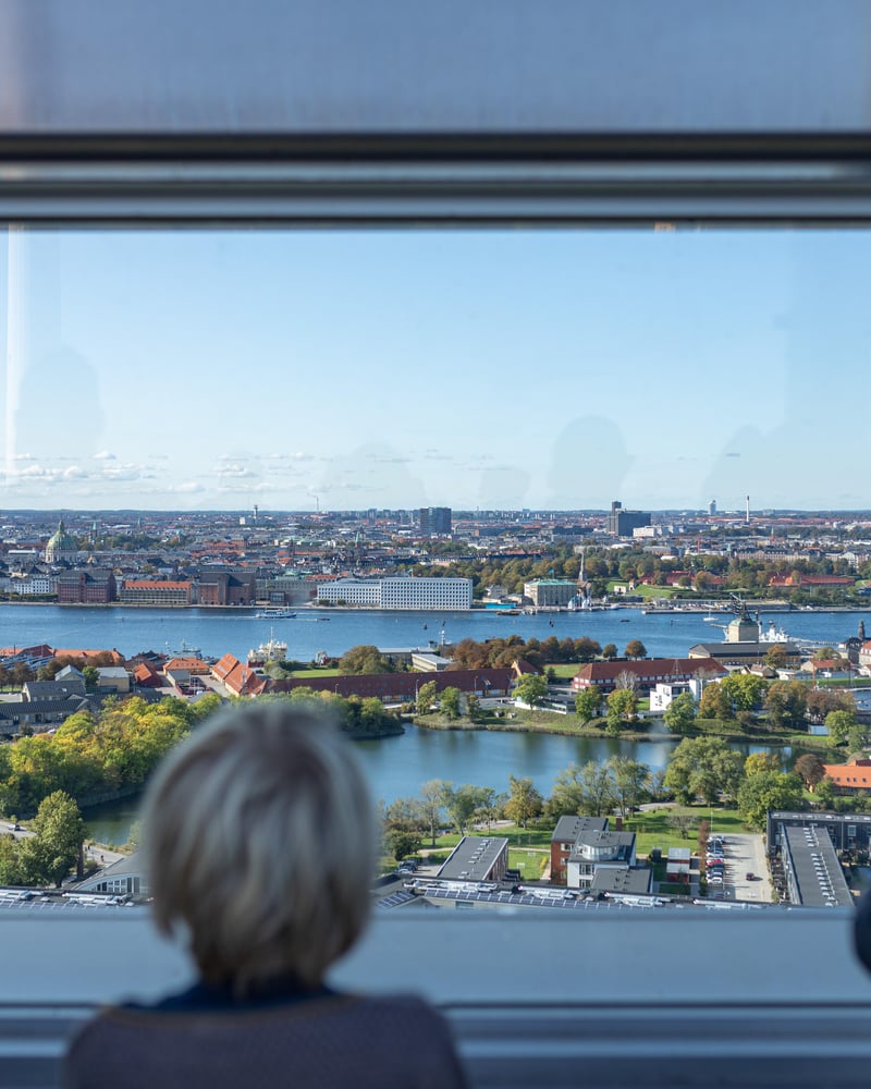 Person set bagfra, der ser ud over havn, søer og tage i København