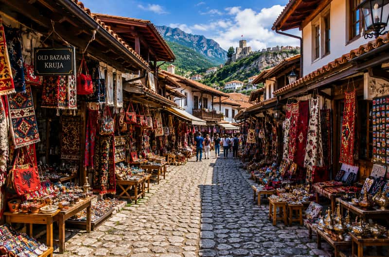 Cobblestone street and traditional shops in Kruja Old Bazaar