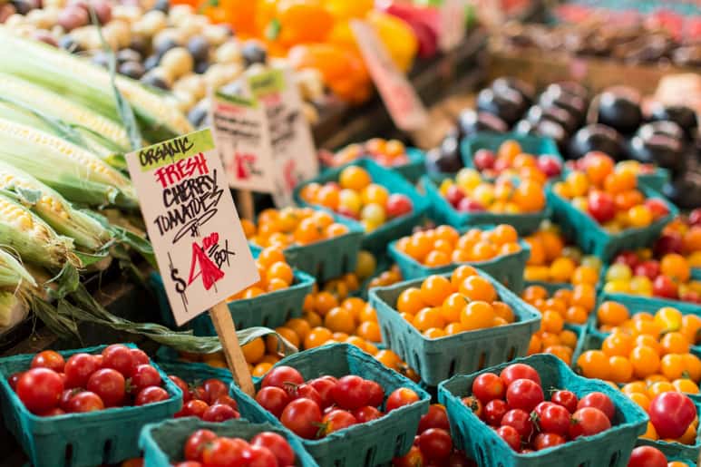Colorful produce at a farmers market in Portland, Oregon.